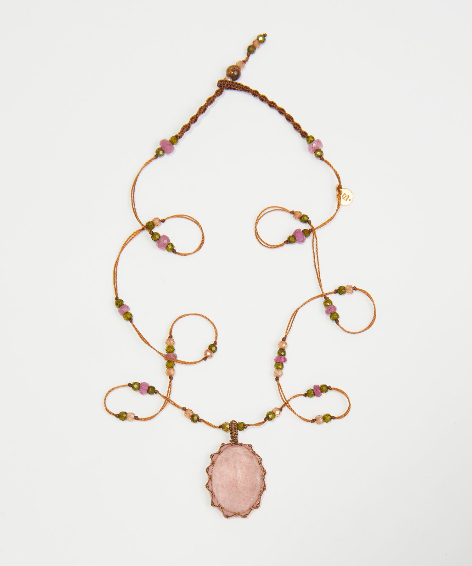 Collier Court Tibétain - Strawberry Quartz Rose - Mix Tourmaline Rose - Fil Tabac