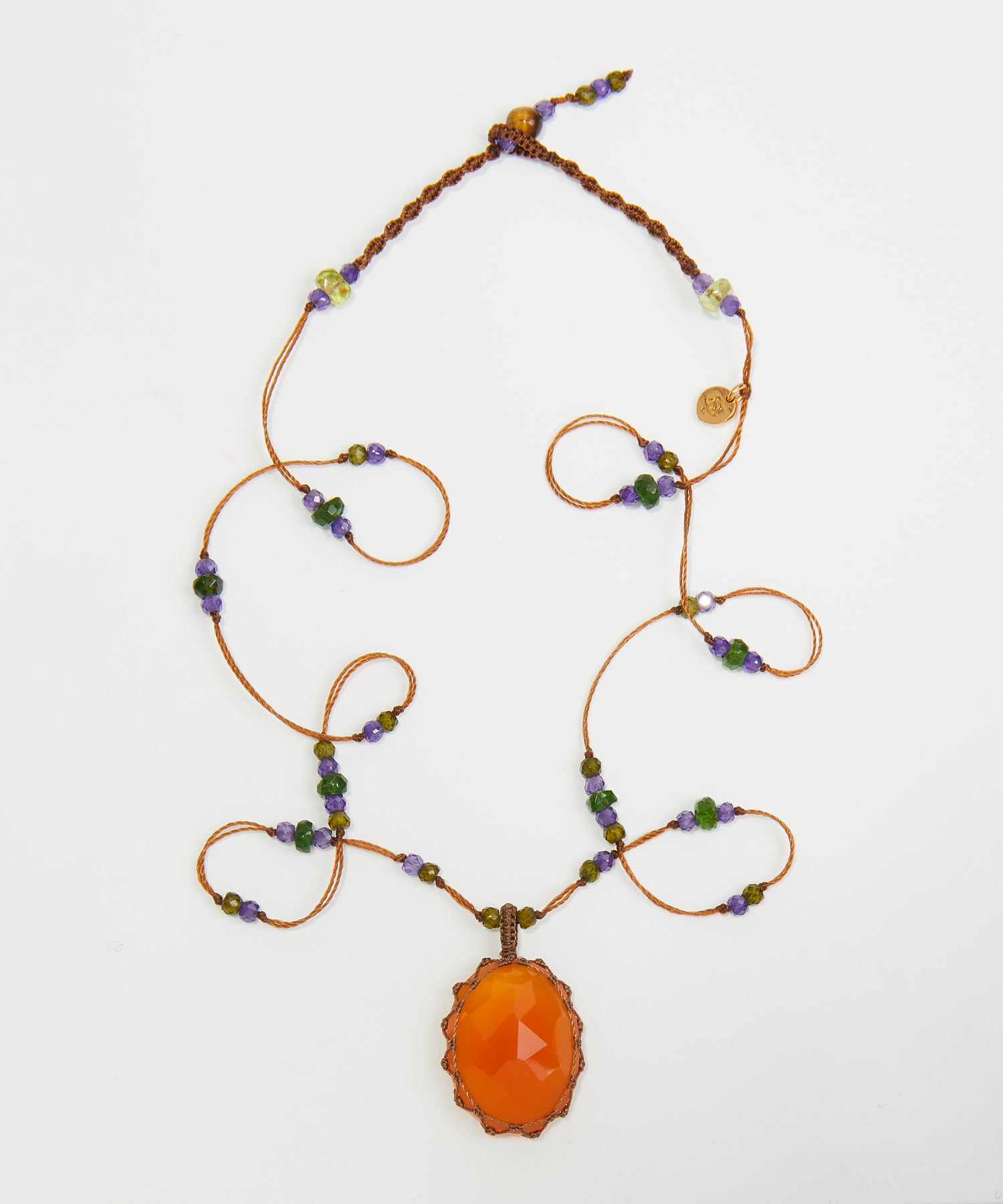 Collier Court Tibétain - Strawberry Quartz Orange - Mix Tsavorite & Purple - Fil Tabac