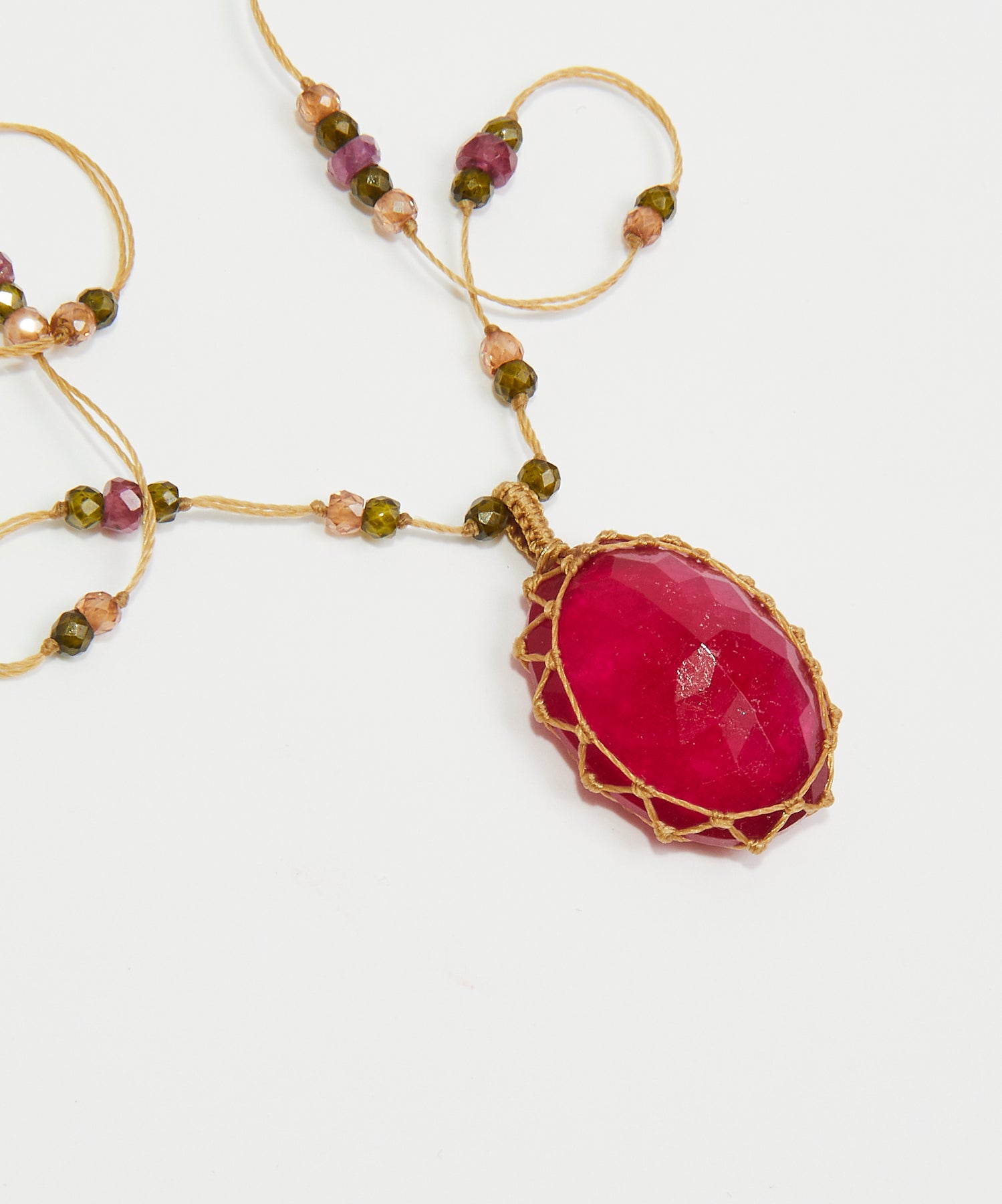 Short Tibetan Necklace - Rubellite - Mix Pink Tourmaline - Tobacco Thread