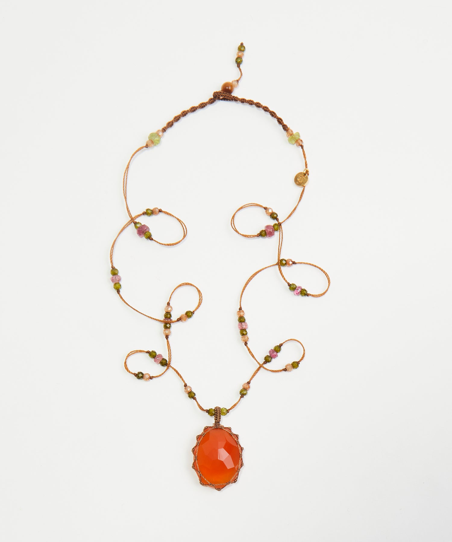 Short Tibetan Necklace - Strawberry Quartz Orange - Mix Pink Tourmaline - Tobacco Thread