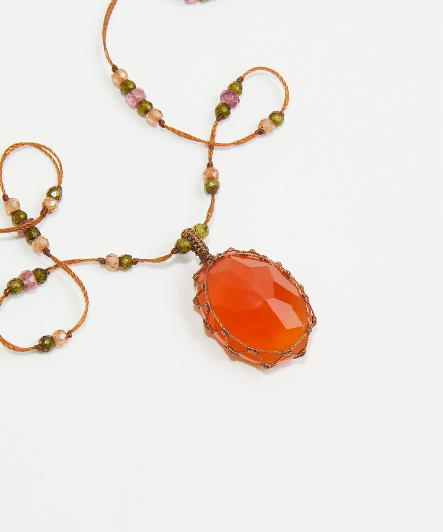 Short Tibetan Necklace - Strawberry Quartz Orange - Mix Pink Tourmaline - Tobacco Thread