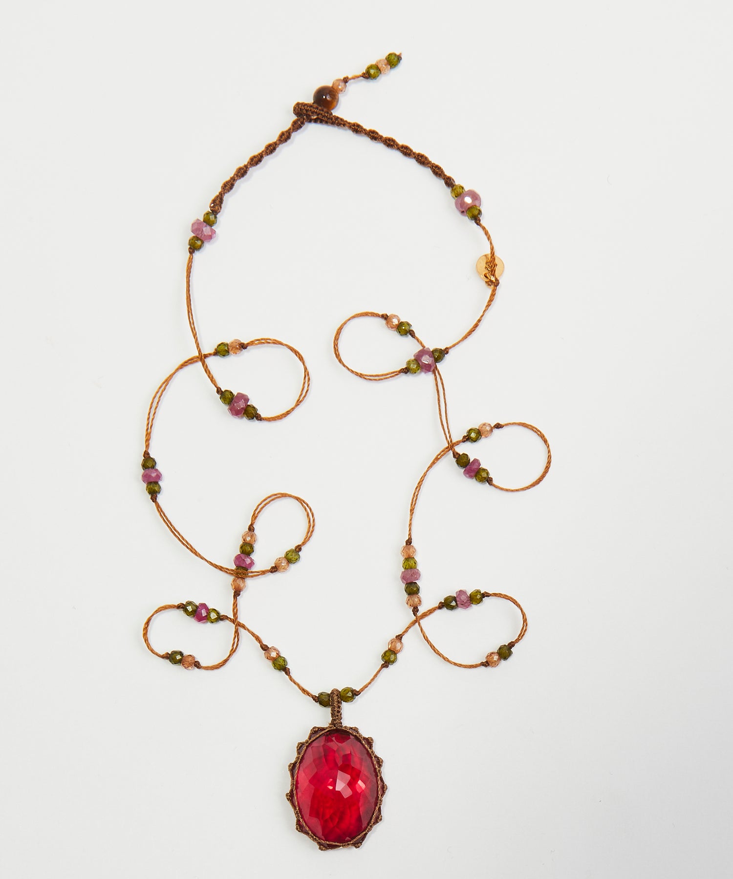 Collier Court Tibétain - Indian Glass Rouge - Mix Tourmaline Rose - Fil Tabac