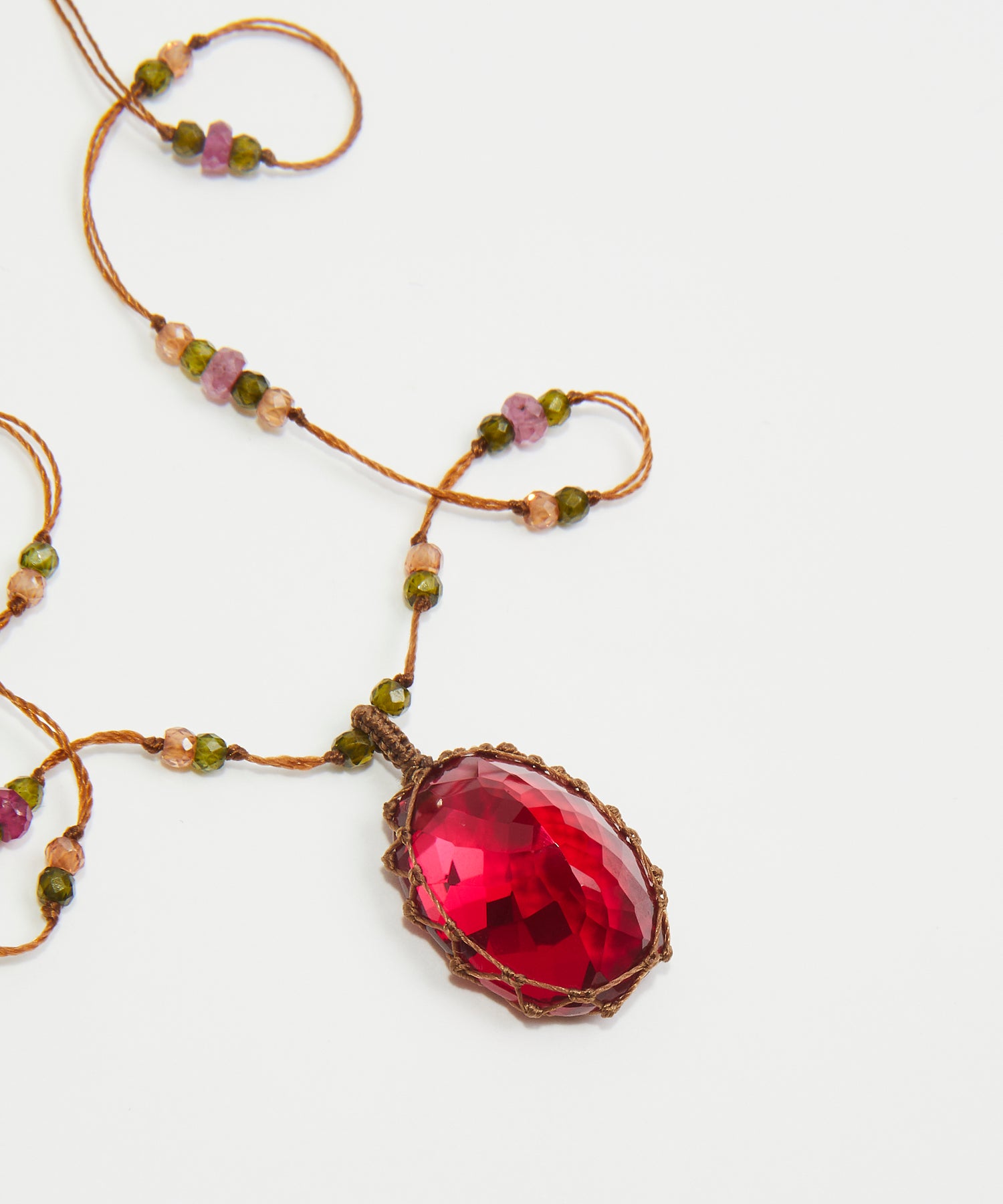 Short Tibetan Necklace - Red Indian Glass - Mix Pink Tourmaline - Tobacco Thread