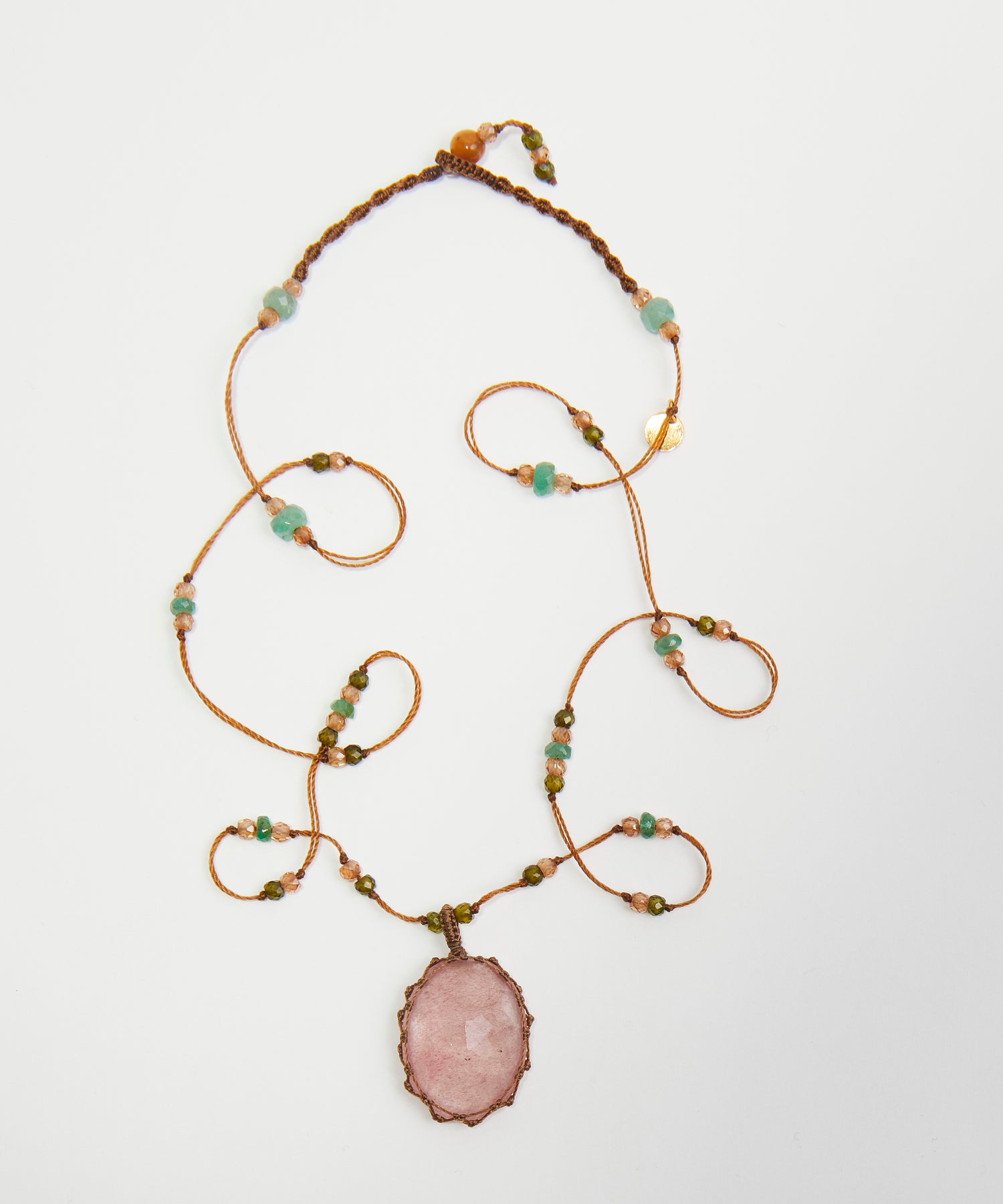 Collier Court Tibétain - Strawberry Quartz Rose - Mix Émeraude - Fil Tabac