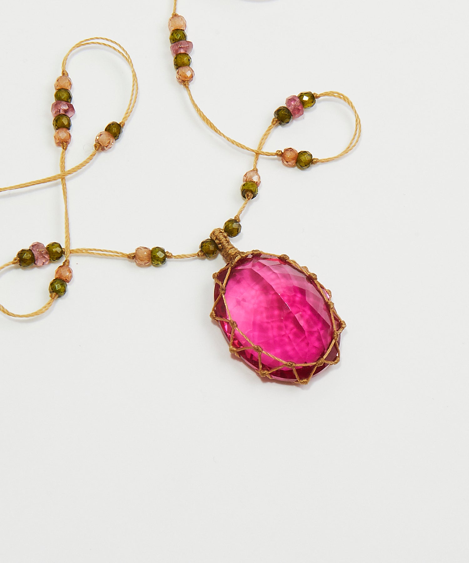 Tibetan Short Necklace - Indian Glass Rose - Mix Pink Tourmaline - Beige Thread