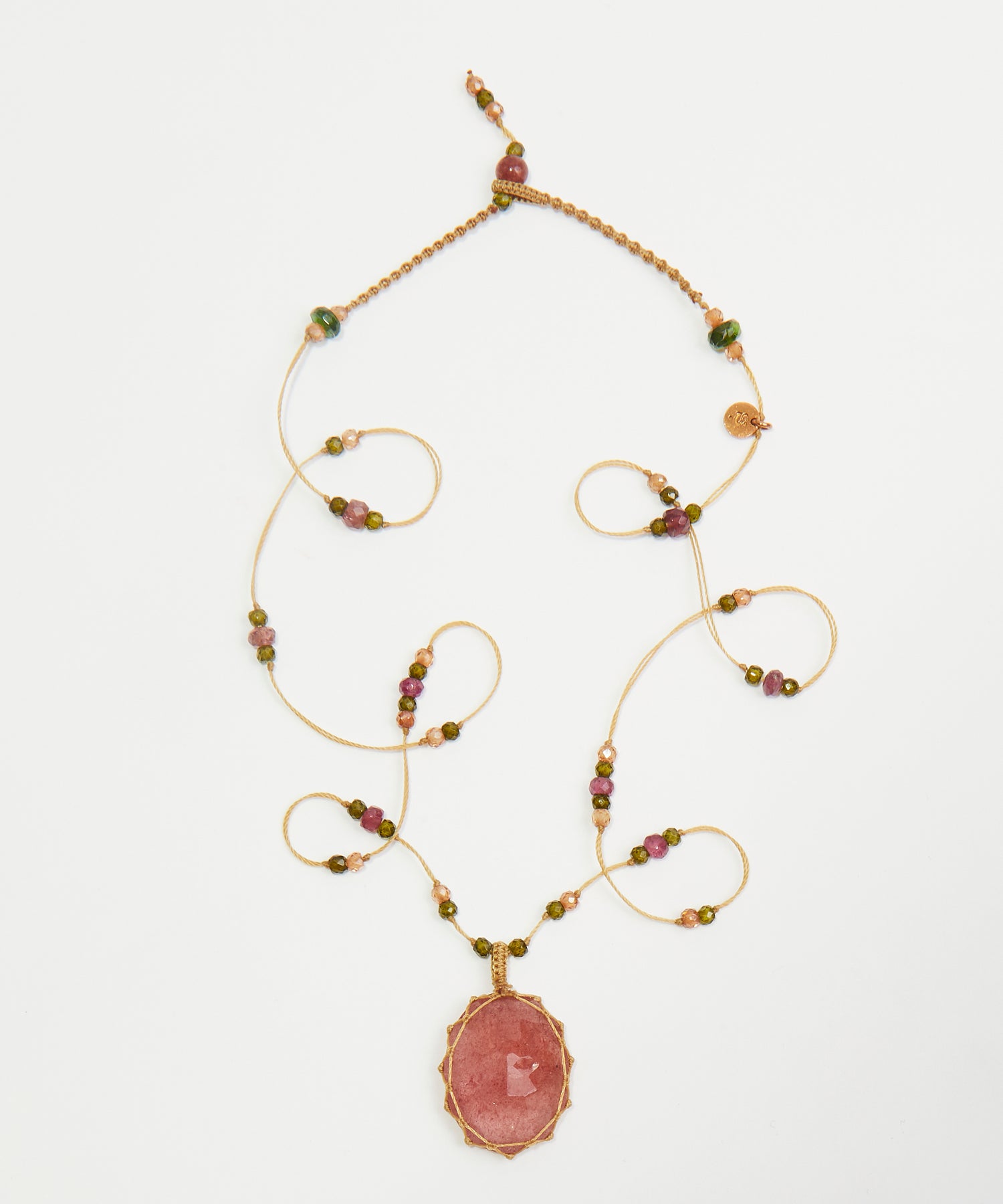 Collier Court Tibétain - Strawberry Quartz Rose - Mix Tourmaline Rose - Fil Beige