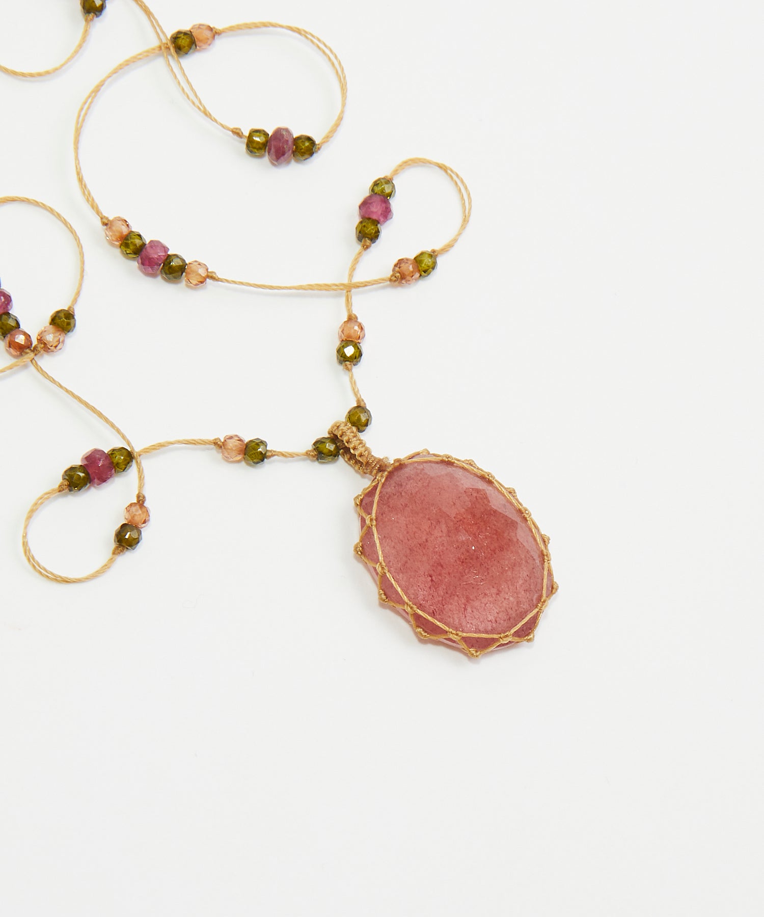 Collier Court Tibétain - Strawberry Quartz Rose - Mix Tourmaline Rose - Fil Beige