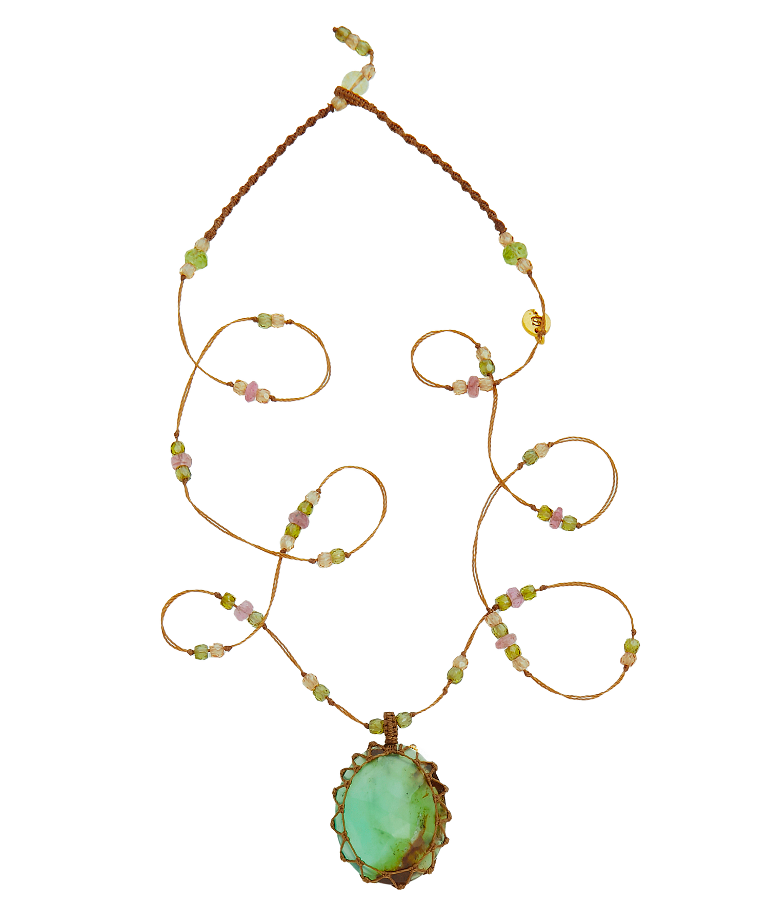 Collier Court Tibétain - Chrysoprase Biphase  - Mix Tourmaline - Fil Tabac