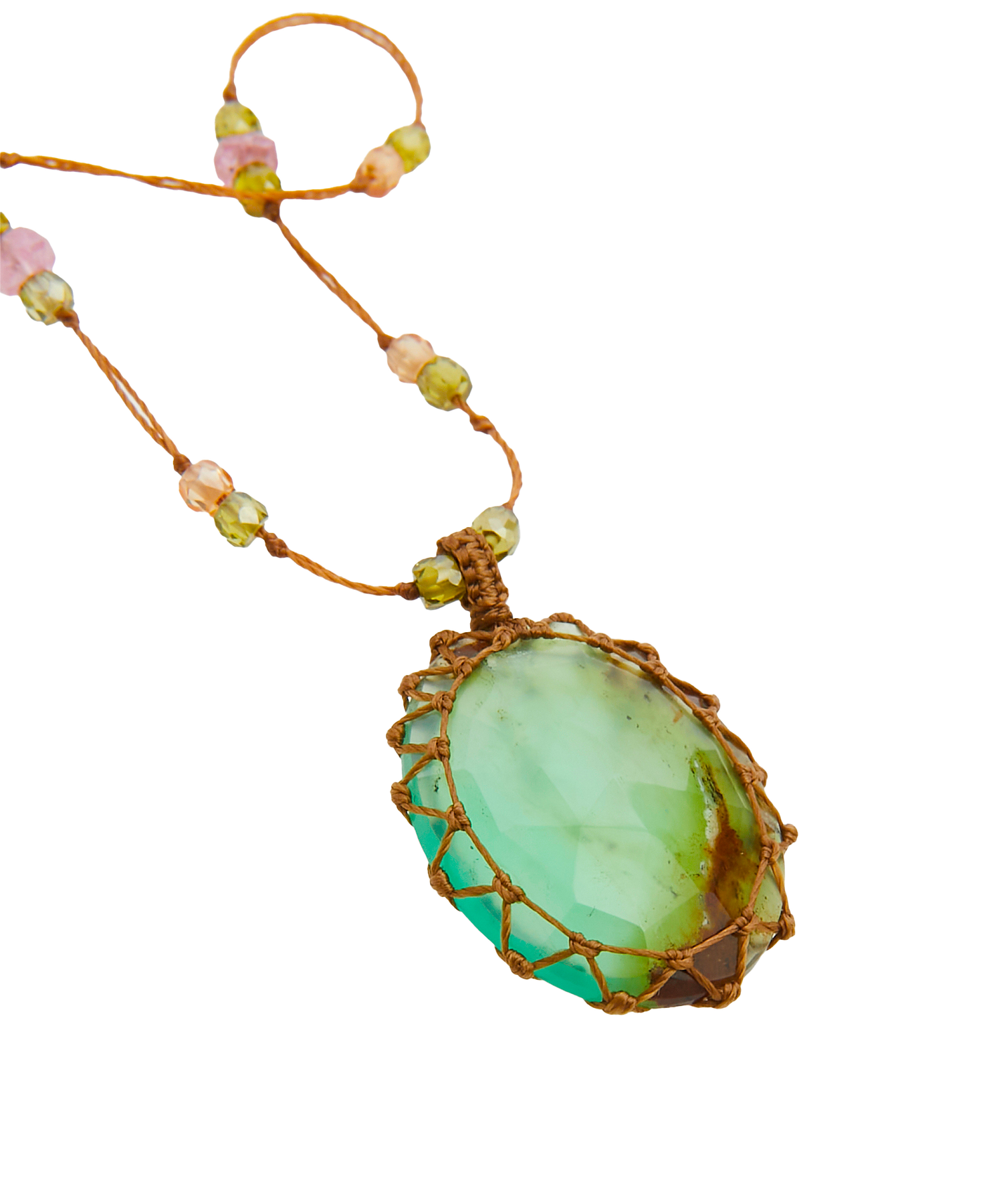 Collier Court Tibétain - Chrysoprase Biphase  - Mix Tourmaline - Fil Tabac