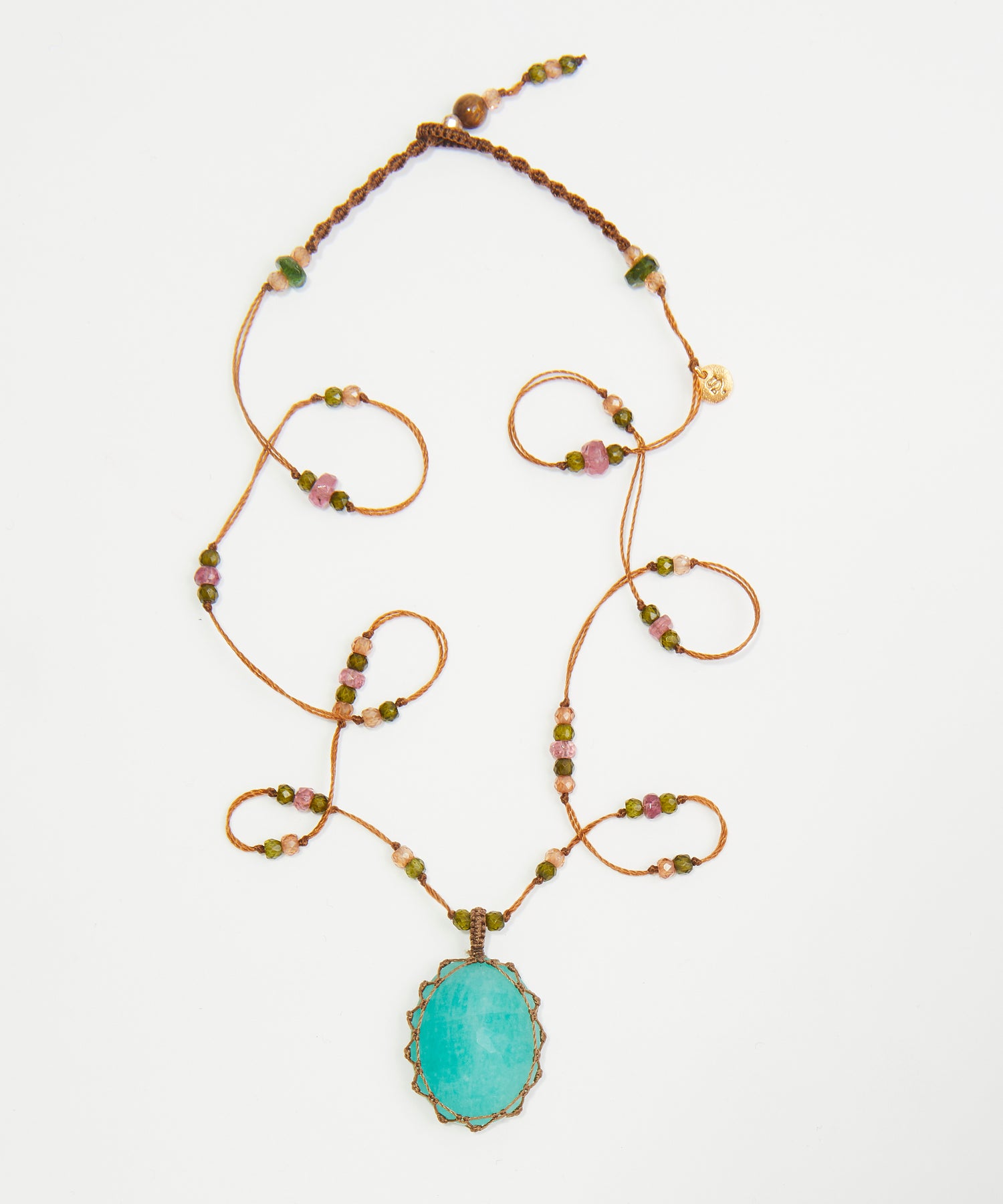 Collier Court Tibétain - Amazonite Bleue - Mix Tourmaline Rose - Fil Tabac