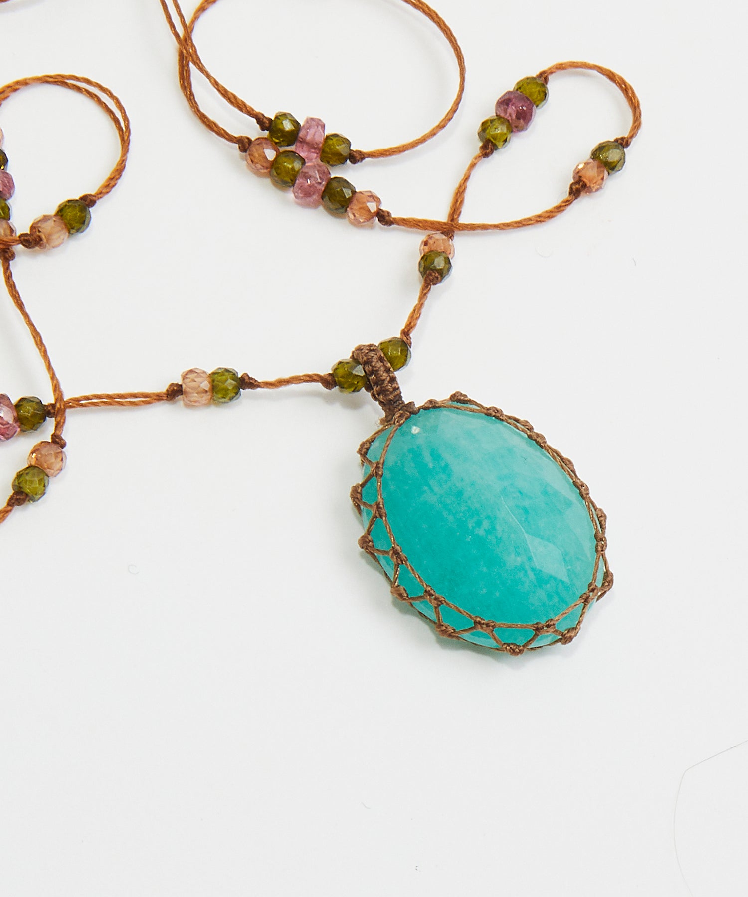 Collier Court Tibétain - Amazonite Bleue - Mix Tourmaline Rose - Fil Tabac