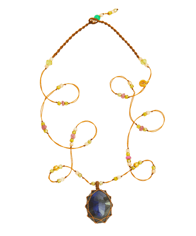 So Precious Collier Court Tibétain - Labradorite Feu Bleue - Mix Tourmaline Rose - Fil Tabac