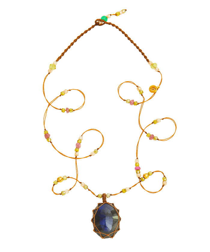 So Precious Collana Corta Tibetana - Labradorite Fuoco Blu - Mix Tormalina Rosa - Filo Tabacco
