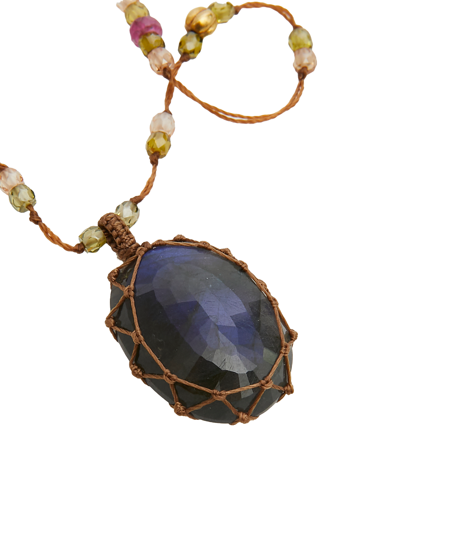 So Precious Collier Court Tibétain - Labradorite Feu Bleue - Mix Tourmaline Rose - Fil Tabac