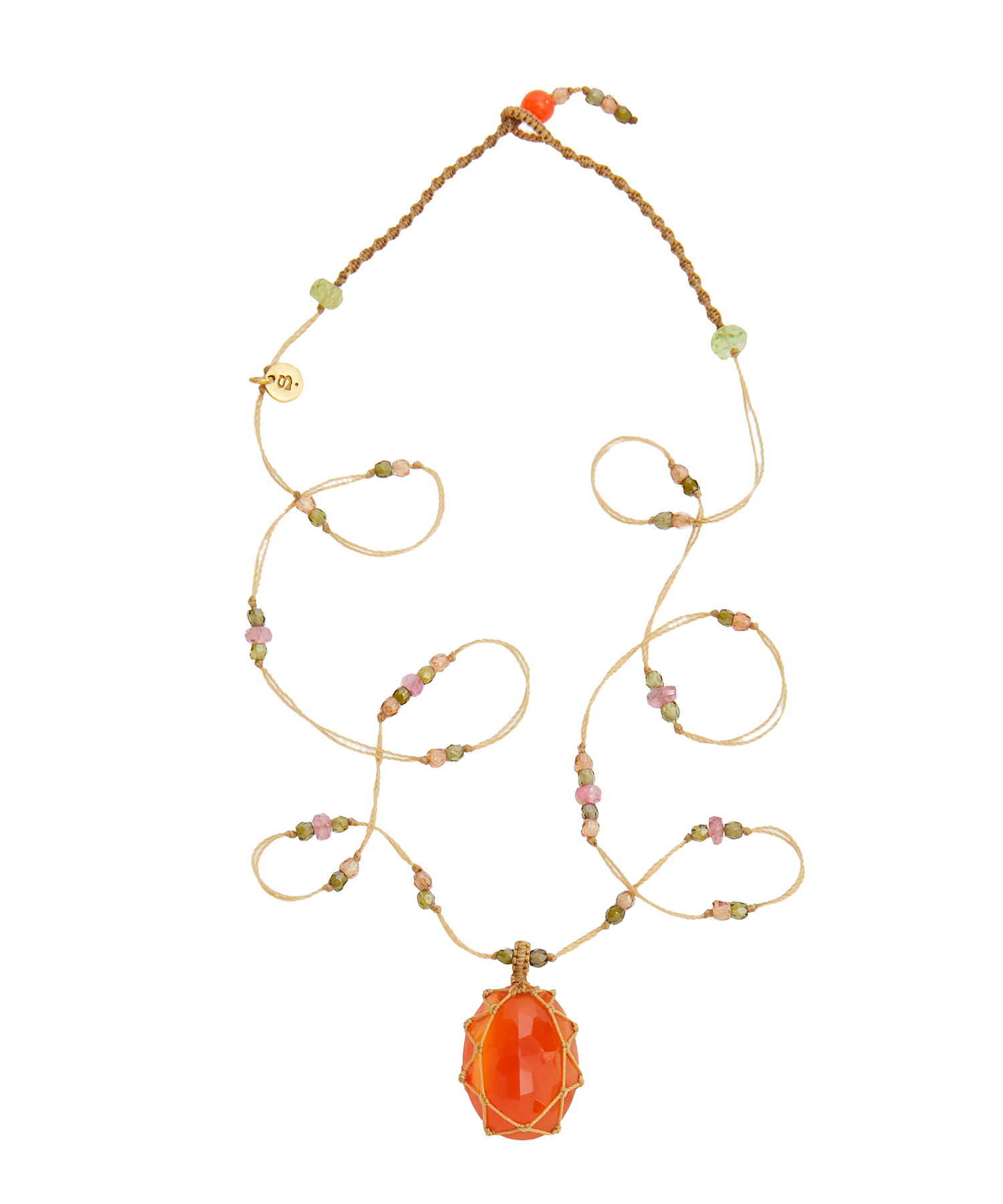 Collier Court Tibétain - Orange Onyx - Mix Tourmaline - Fil Beige