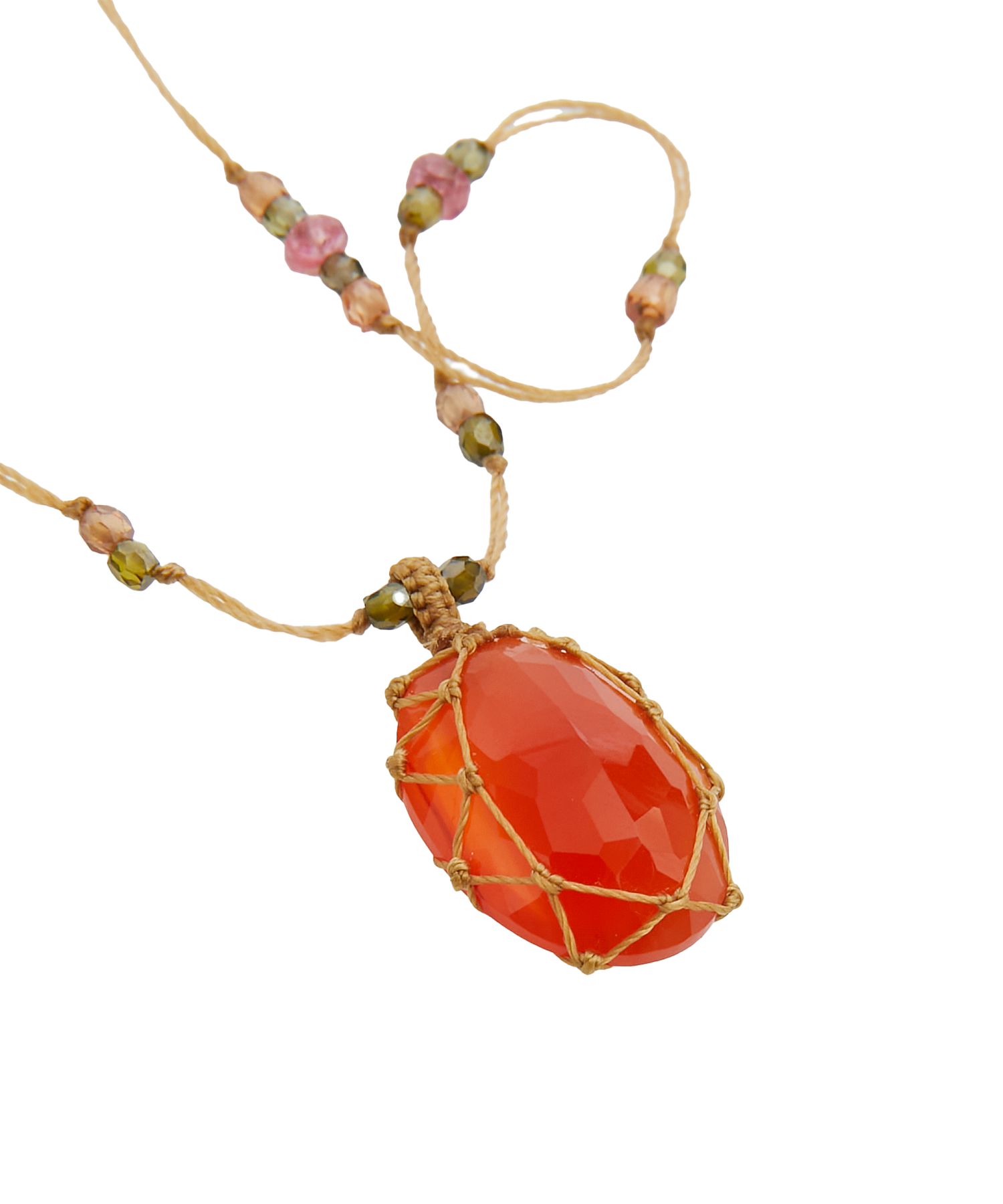 Collier Court Tibétain - Orange Onyx - Mix Tourmaline - Fil Beige