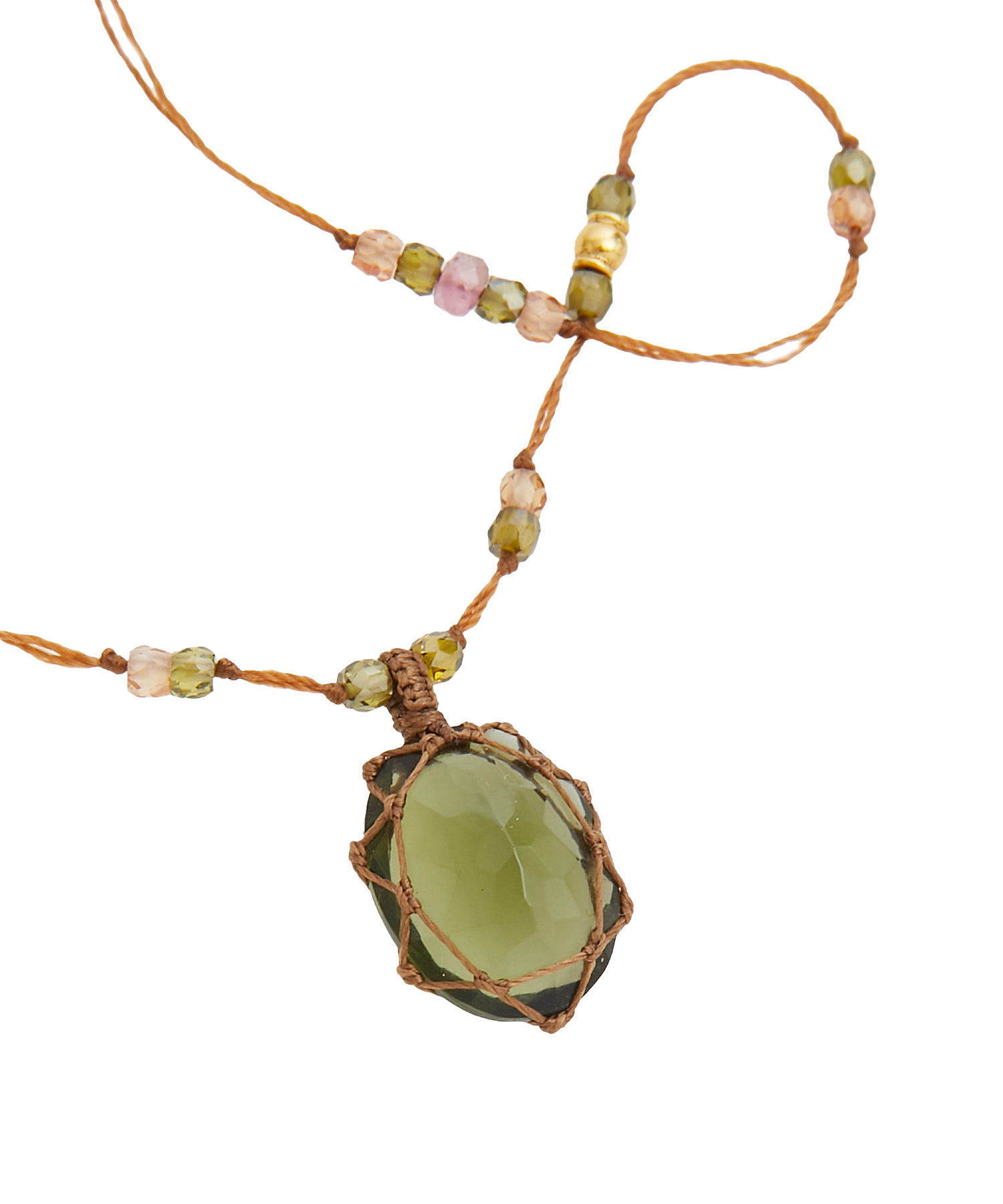 So Precious Collier Court Tibétain - Moldavite - Mix Tourmaline Rose - Fil Tabac