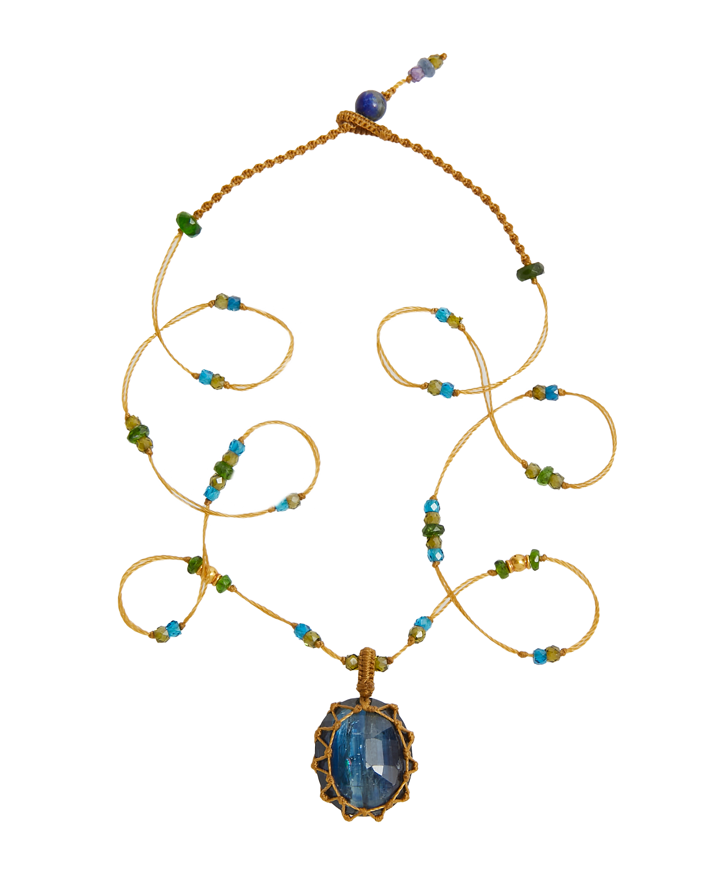 So Precious Collier Court Tibétain - Labradorite Feu Bleue - Mix Tsavorite Apatite - Fil Beige