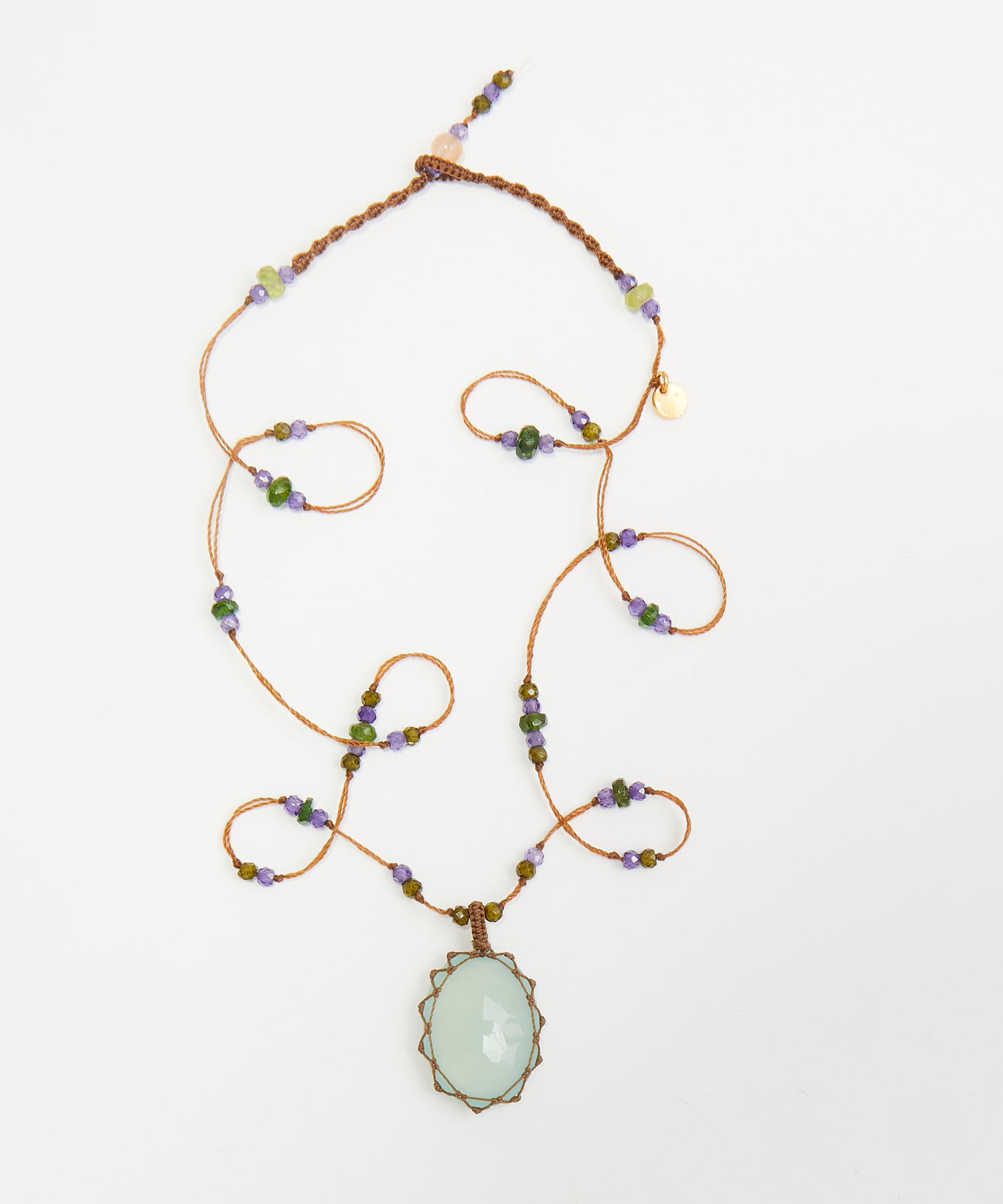 Short Tibetan Necklace - Blue Chalcedony - Mix Tsavorite - Tobacco Thread