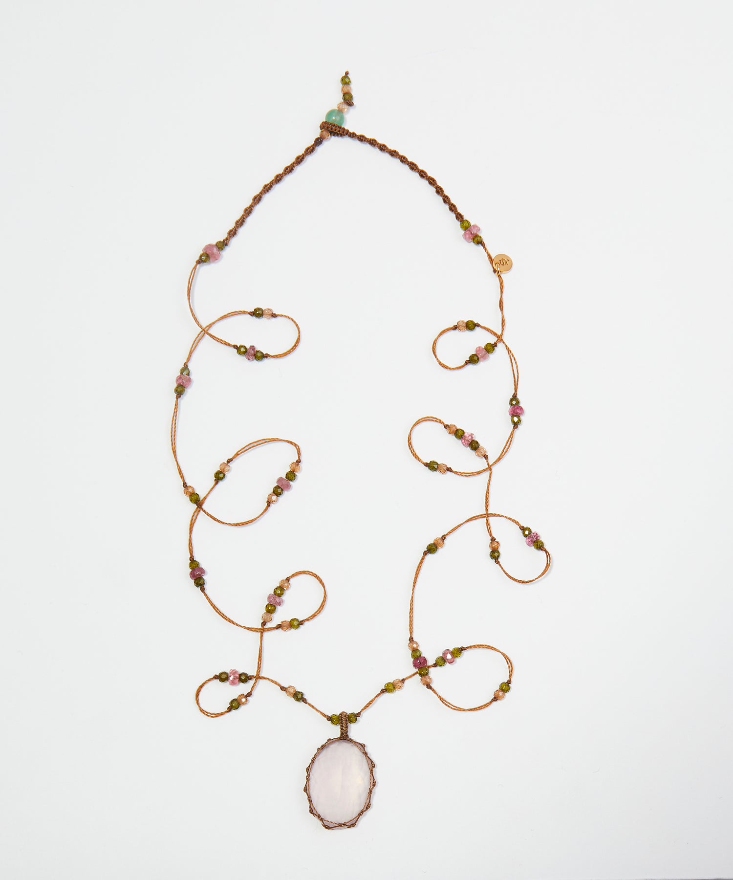 Tibetan Long Necklace - Rose Quartz - Mix Pink Tourmaline - Beige Thread