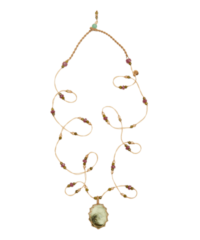 Collana Lunga Tibetano - Prehnite Rutile - Mix Tormalina Rosa - Filo Beige