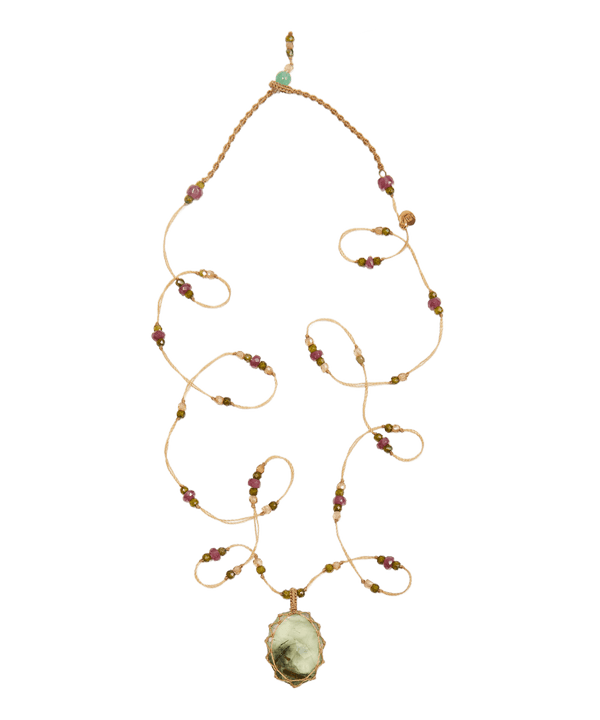 Sautoir Tibétain - Prehnite Rutile - Mix Tourmaline Rose - Fil Beige