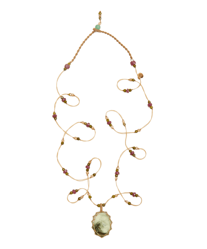 Collana Lunga Tibetano - Prehnite Rutile - Mix Tormalina Rosa - Filo Beige