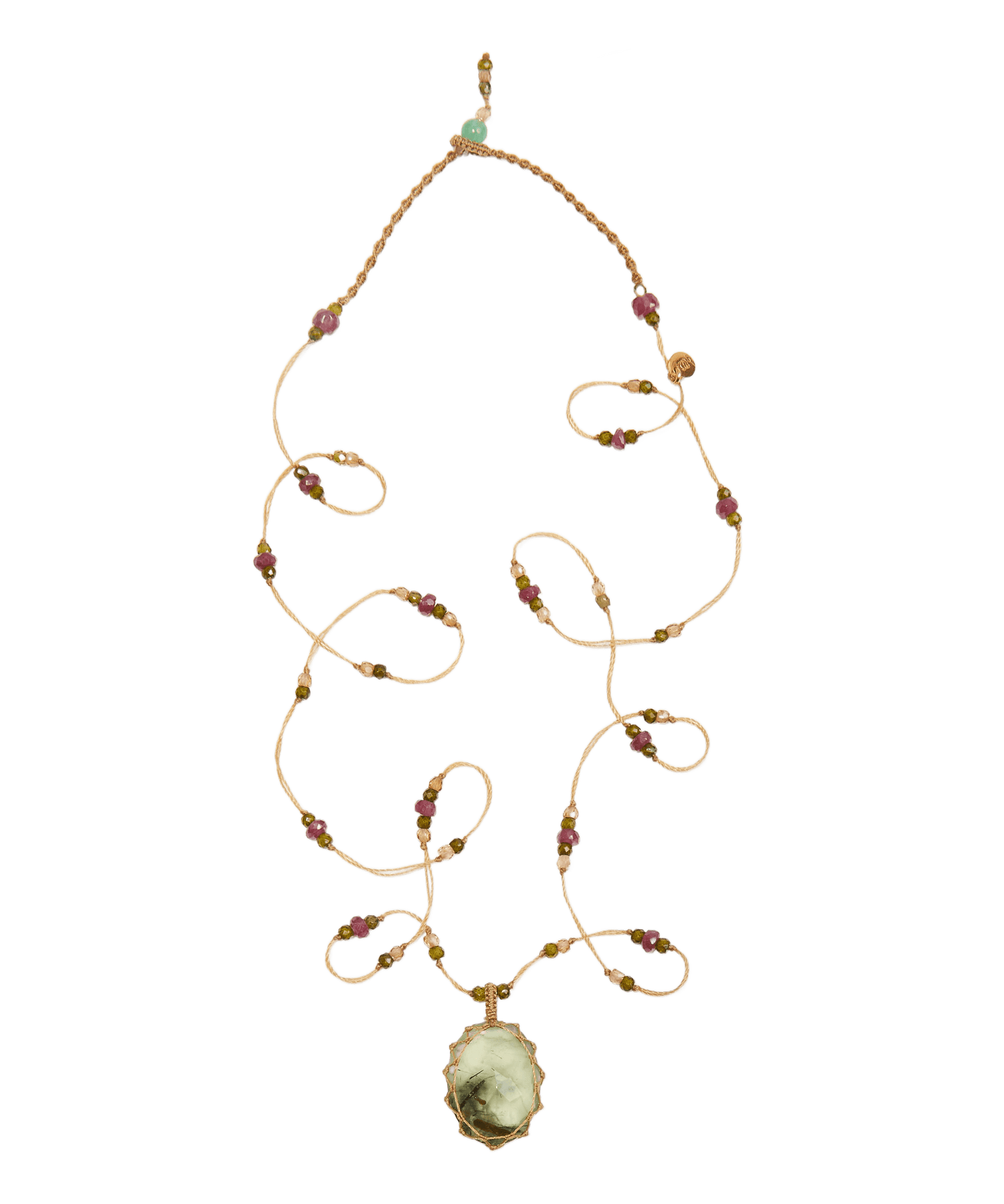 Long Tibetan Necklace - Prehnite Rutile - Mix Pink Tourmaline - Beige Thread