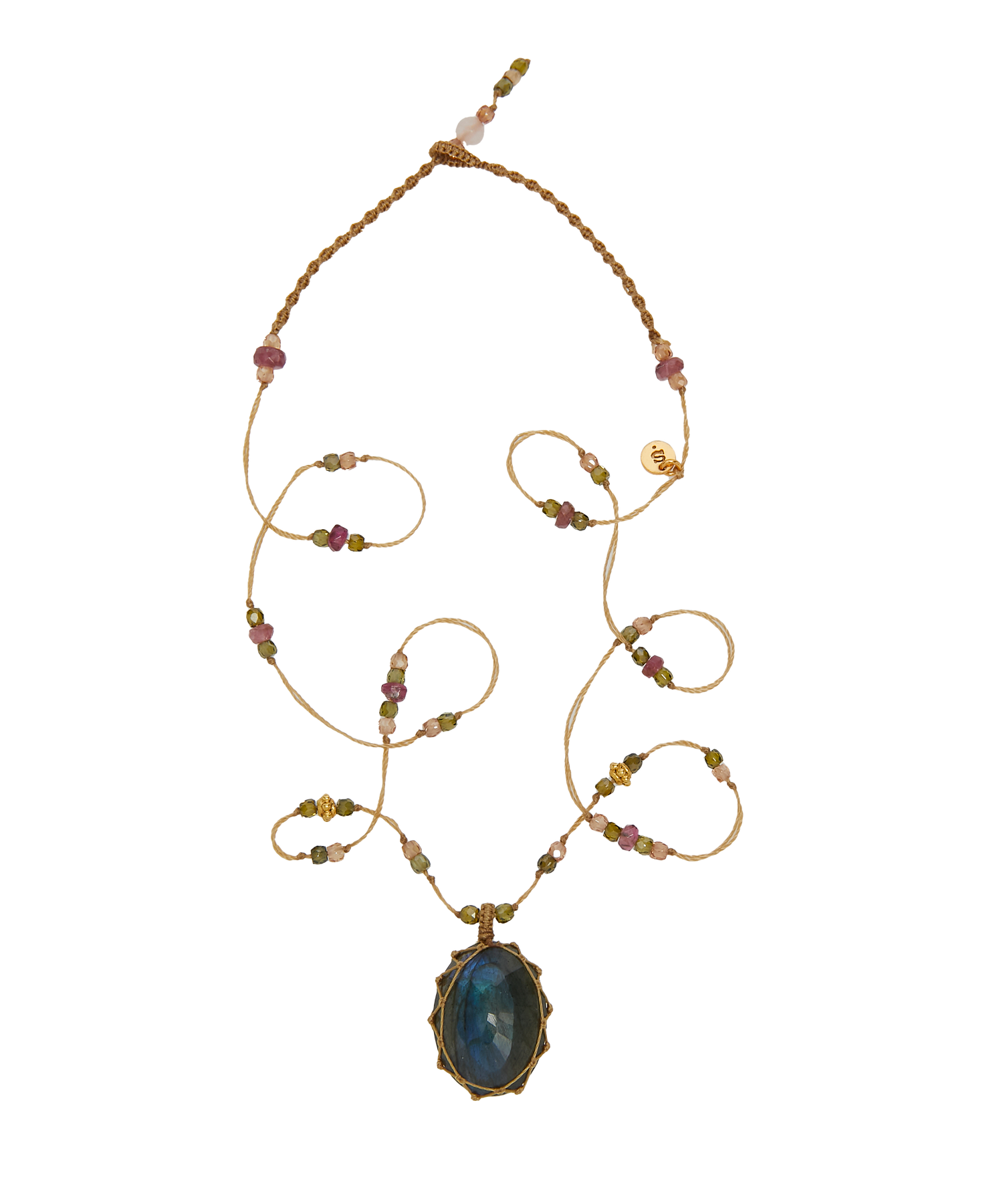 So Precious Collier Court Tibétain - Labradorite Feu Bleue - Mix Tourmaline Rose - Fil Beige