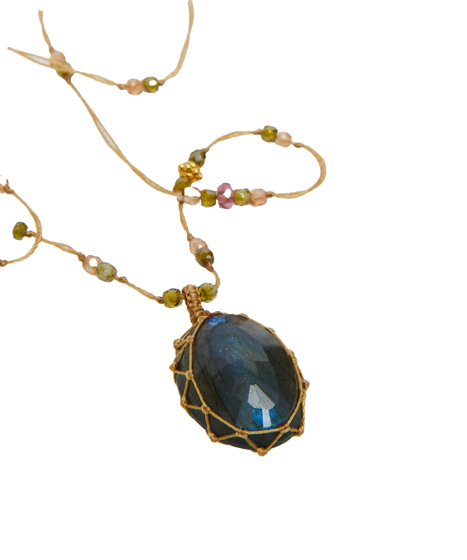 So Precious Collier Court Tibétain - Labradorite Feu Bleue - Mix Tourmaline Rose - Fil Beige