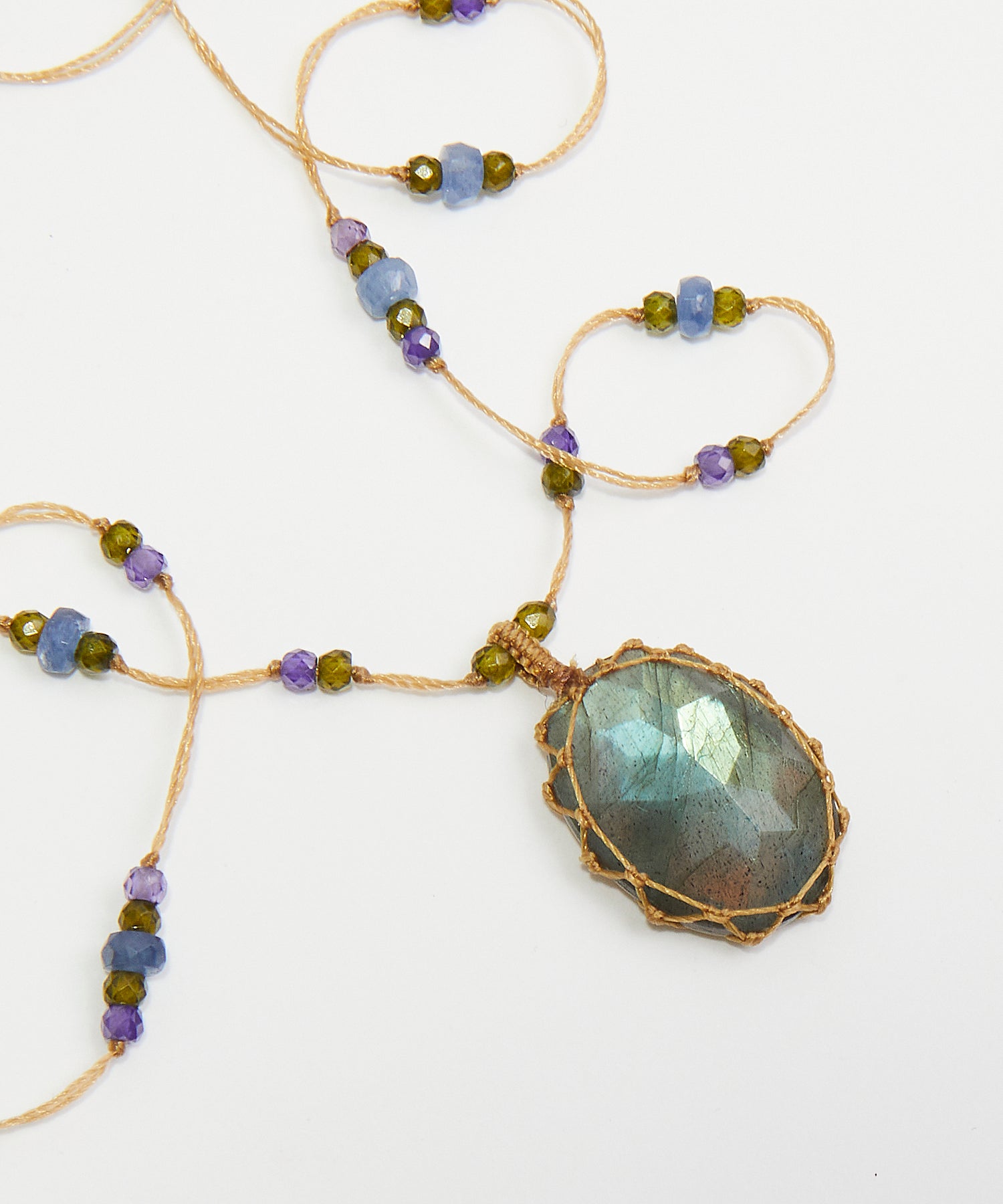 Collana Lunga Tibetana - Labradorite Fuoco Blu - Mix Multi Pietre - Filo Beige