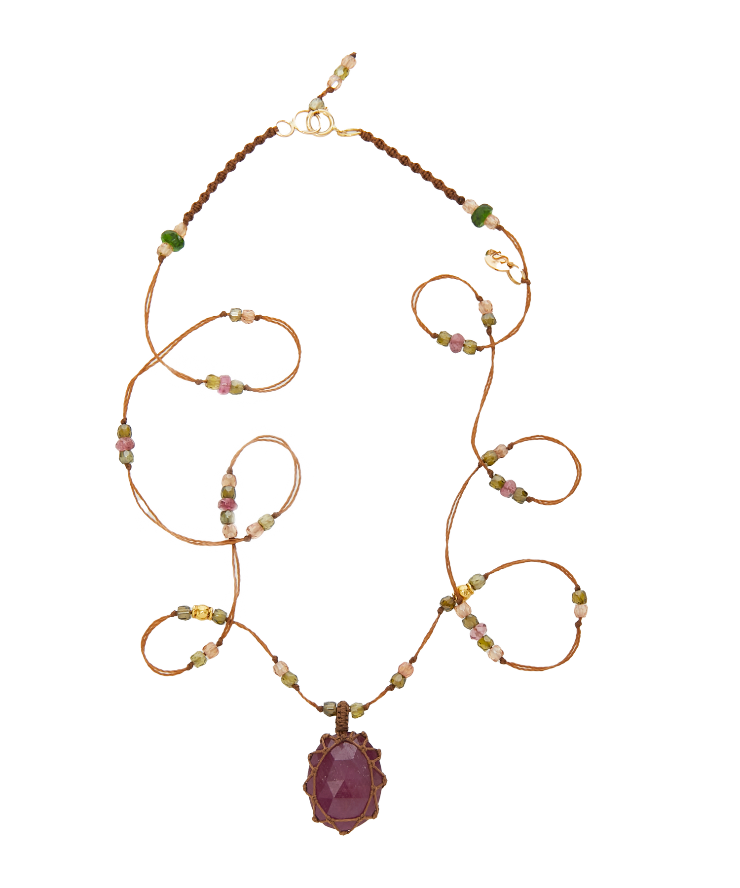 So Precious Collier Court Tibétain - Rubis - Mix Tourmaline Rose - Fil Tabac