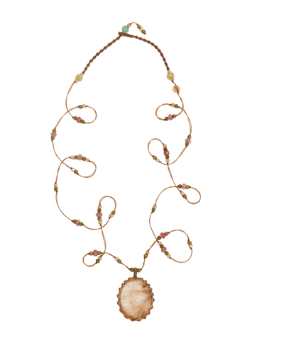 Sautoir Tibétain - Quarz Rutil Gold - Mix Rosa Tourmalin - Tabakfarbener Faden