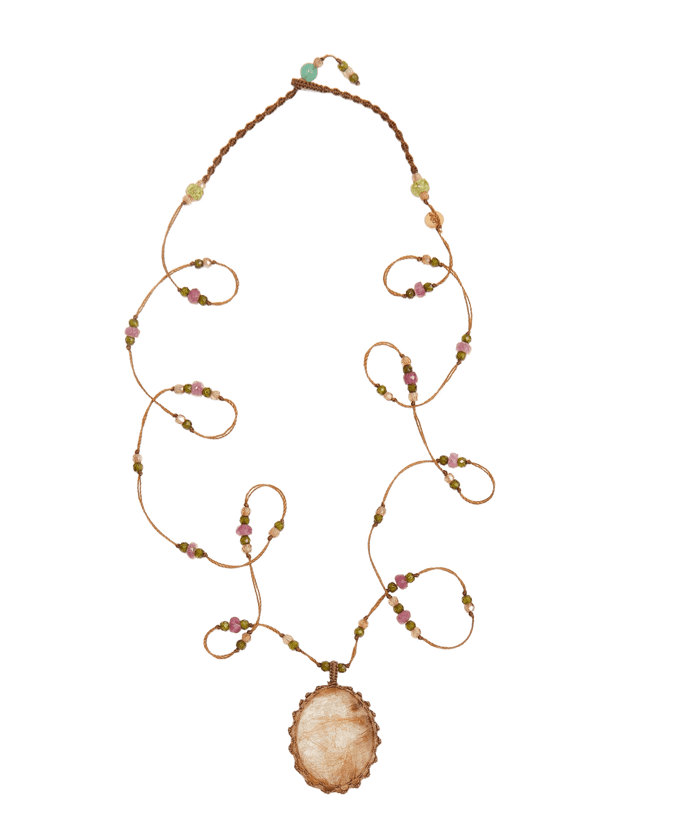 Sautoir Tibétain - Quarz Rutil Gold - Mix Rosa Tourmalin - Tabakfarbener Faden