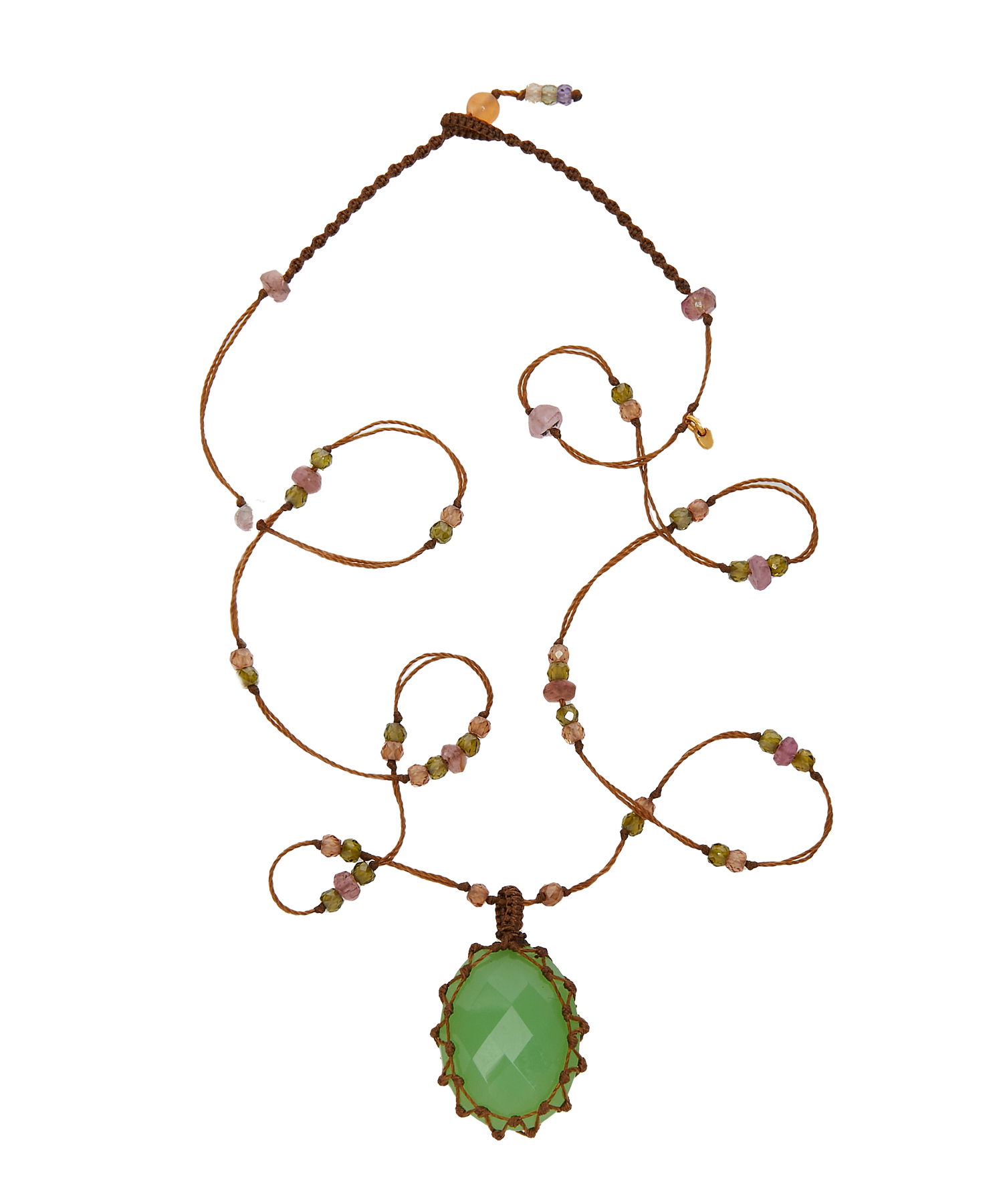 Collier Court Tibétain - Chrysoprase - Mix Tourmaline Rose - Fil Tabac