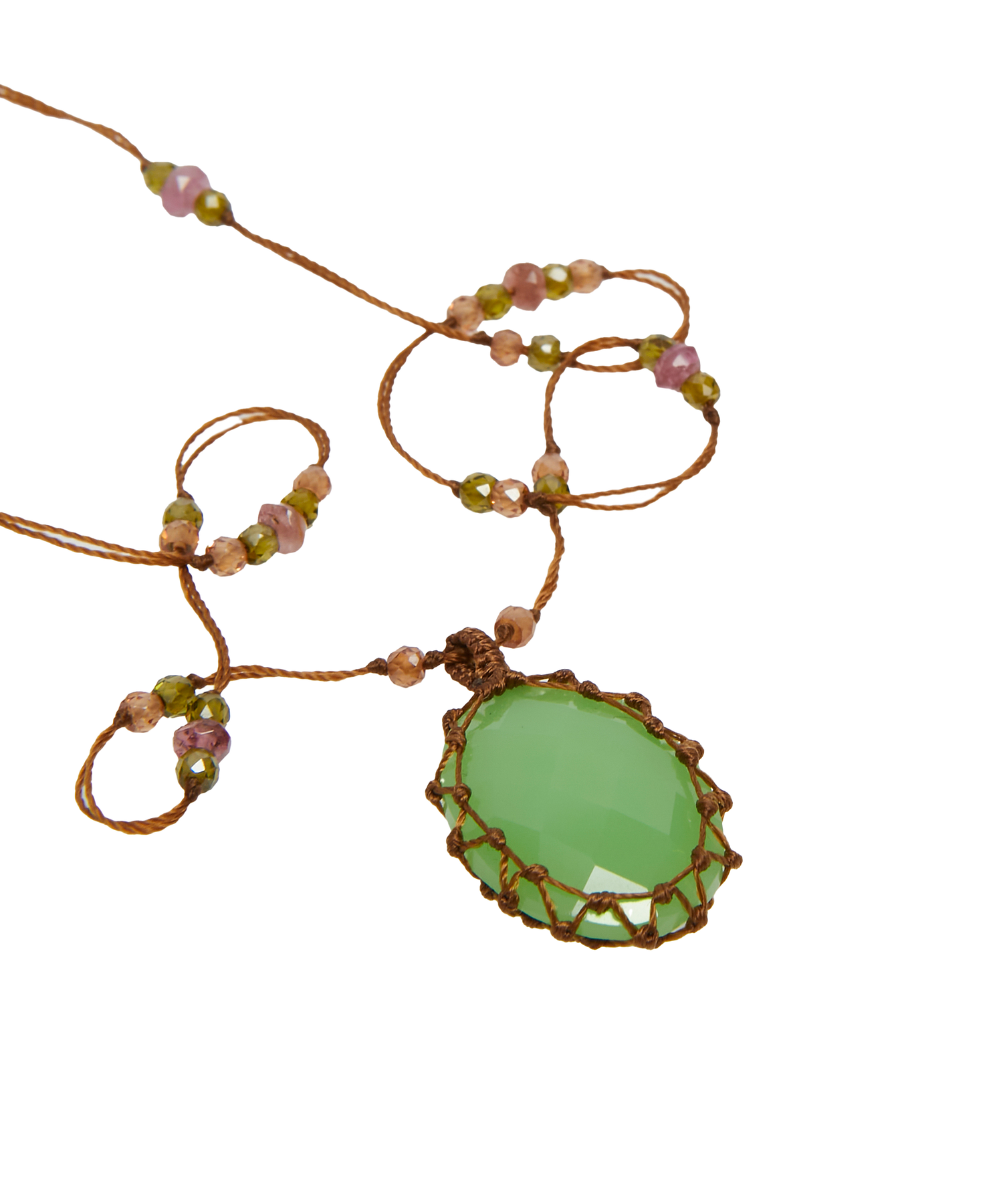 Collier Court Tibétain - Chrysoprase - Mix Tourmaline Rose - Fil Tabac