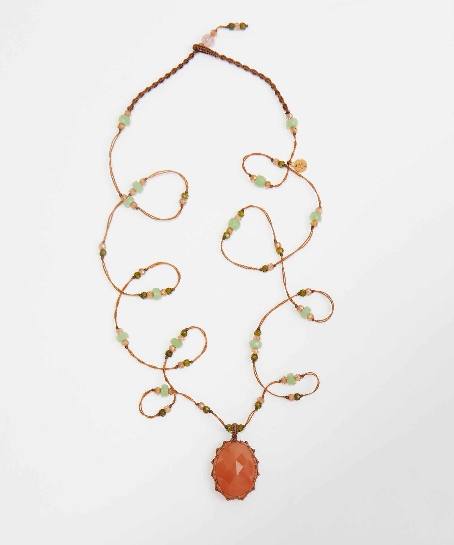 Tibetan Long Necklace - Strawberry Quartz Orange - Mix Pink Tourmaline Pink - Green Thread