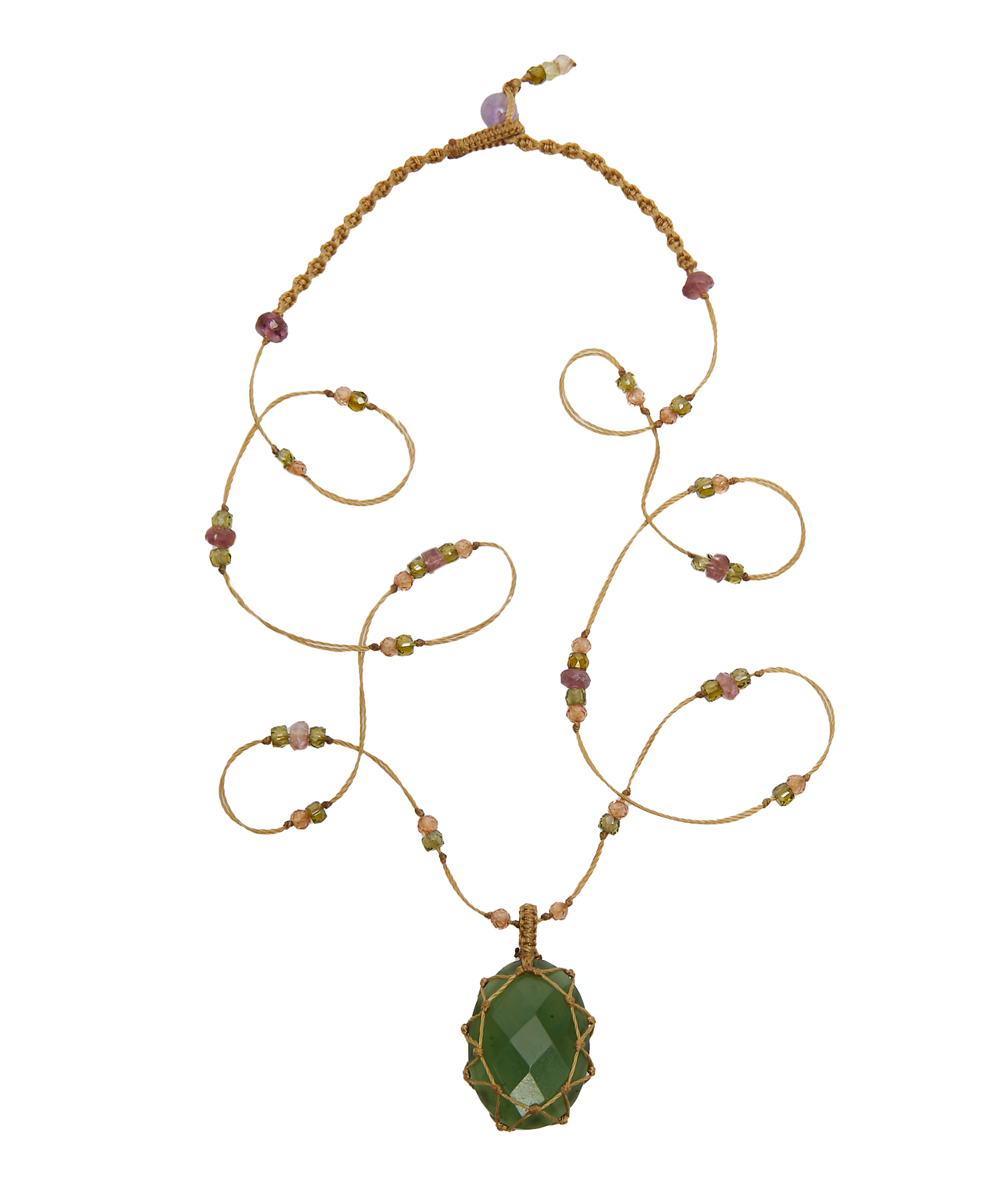 Collier Court Tibétain - Vésuvianite - Mix Tourmaline Rose - Fil Beige