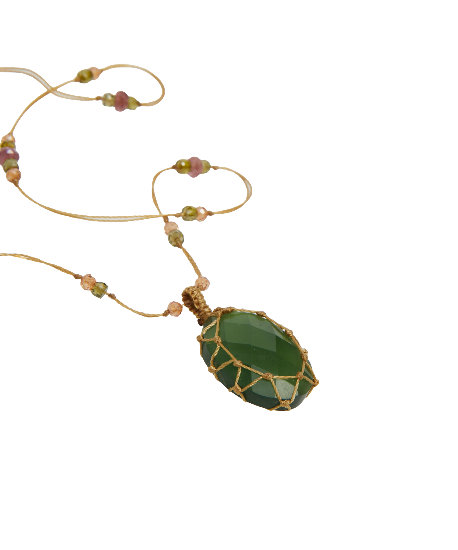 Collier Court Tibétain - Vésuvianite - Mix Tourmaline Rose - Fil Beige