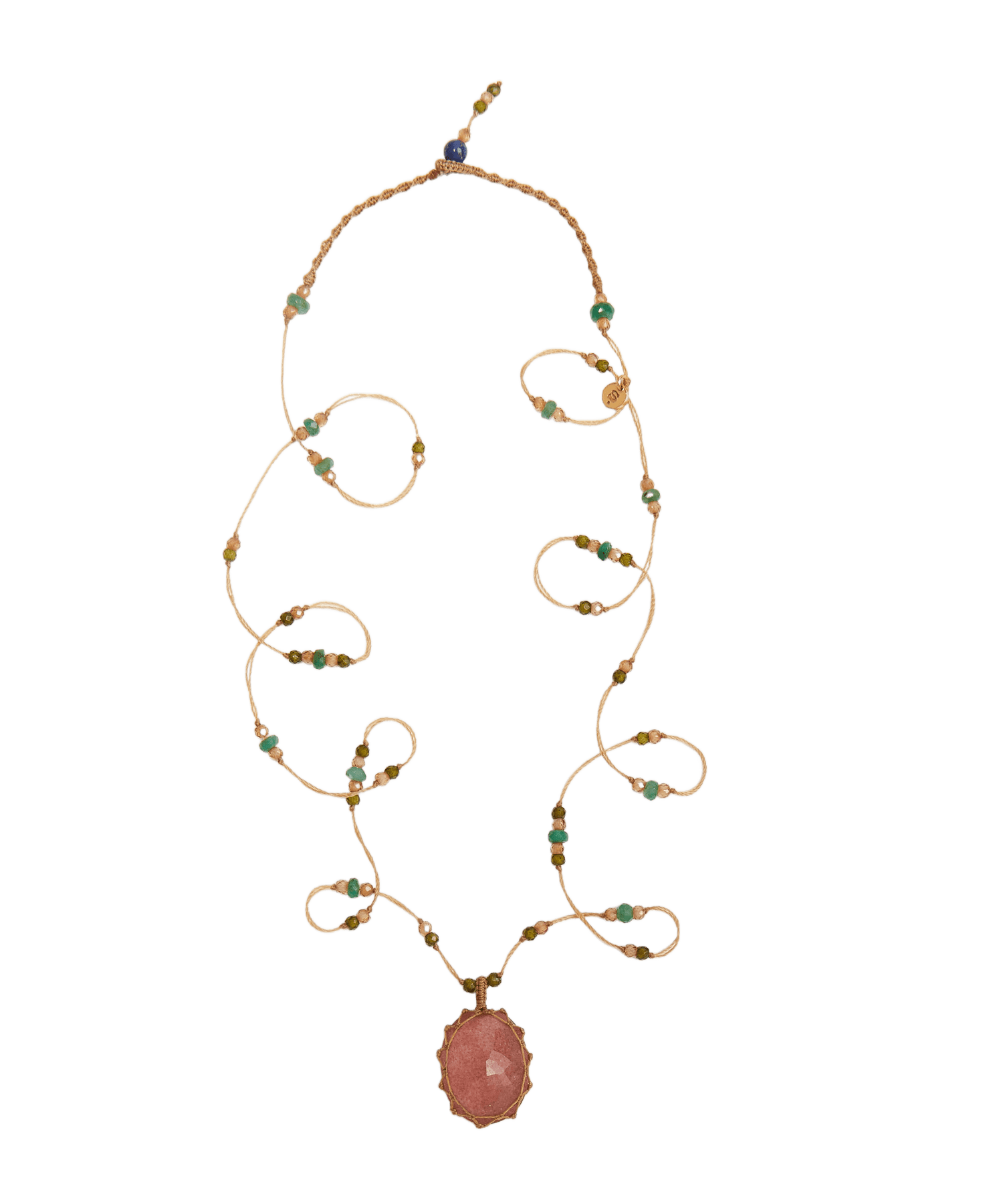 Long Tibetan Necklace - Strawberry Quartz Rose - Emerald Mix - Beige Thread