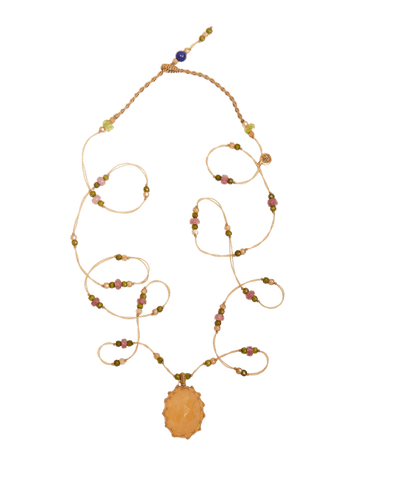 Collana lunga tibetana - Quarzo fragola arancione - Mix tormalina rosa rosa - filo verde