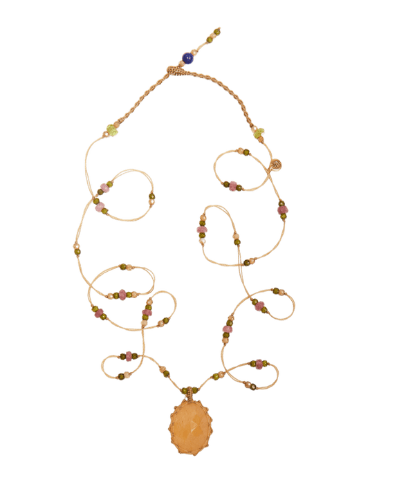 Sautoir Tibétain - Strawberry Quartz Orange - Mix Tourmaline Rose - Fil Beige