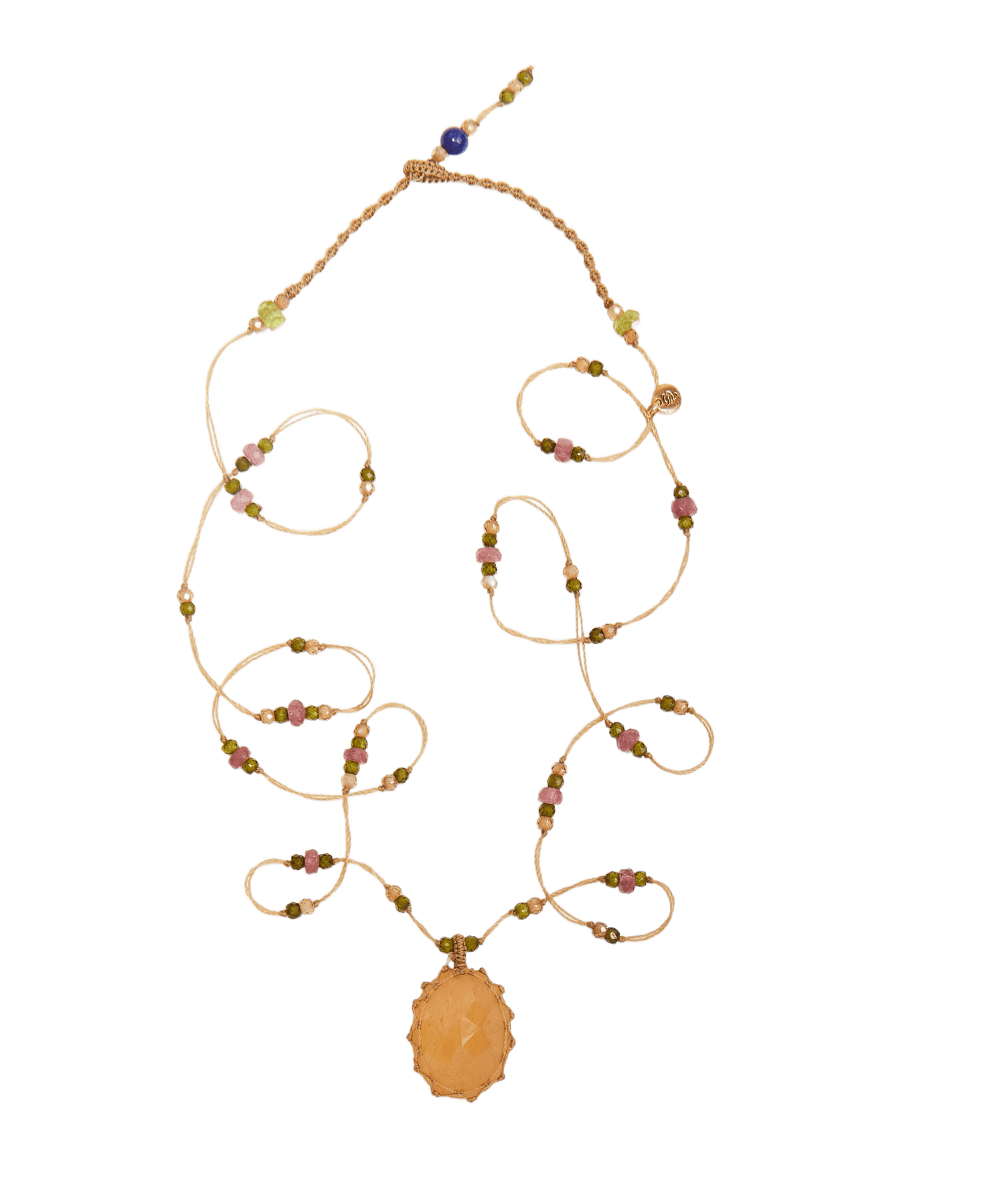 Long Tibetan Necklace - Strawberry Quartz Orange - Mix Rose Tourmaline - Beige Thread