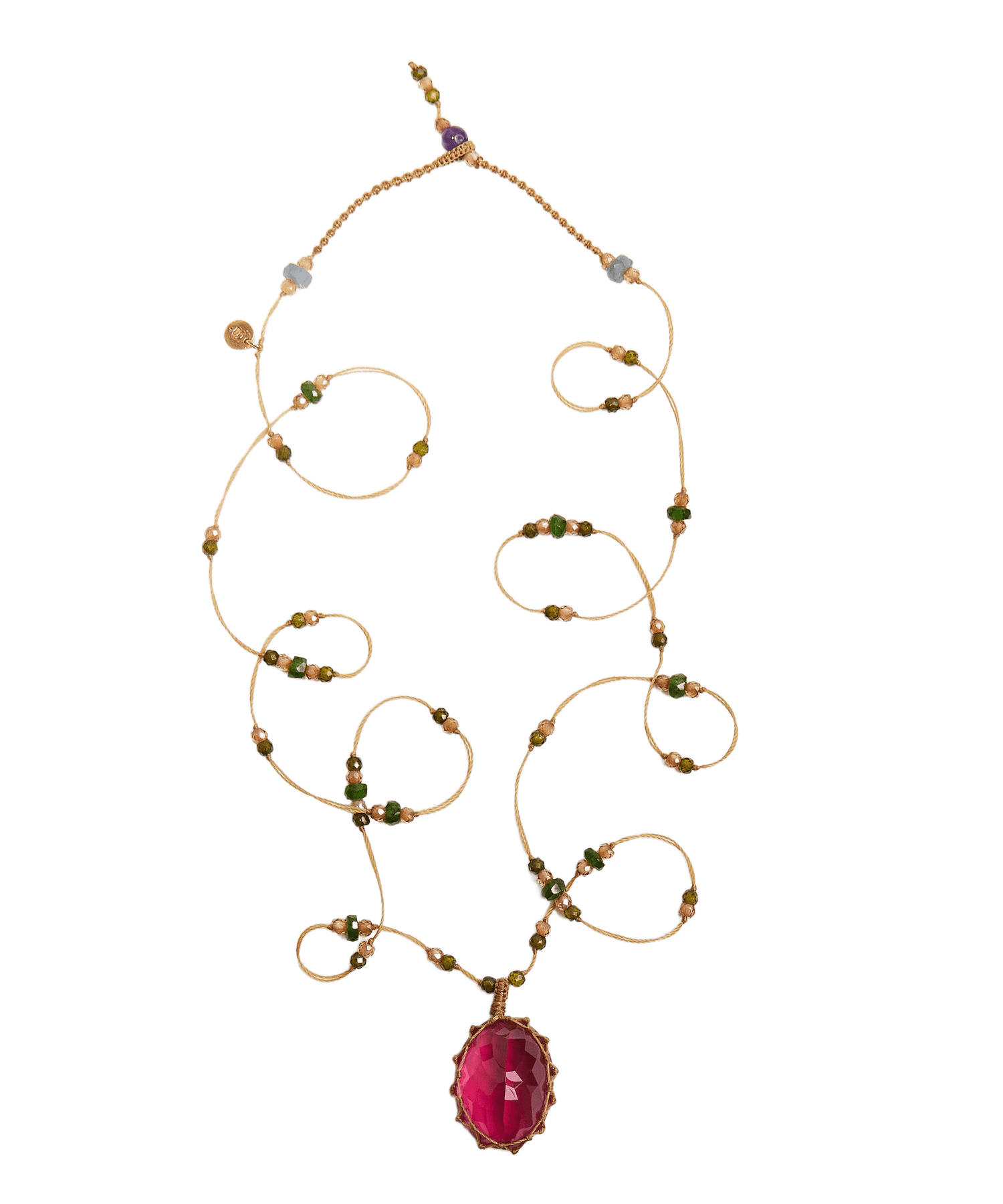 Long Tibetan Necklace - Pink Indian Glass - Tsavorite Mix - Beige Thread