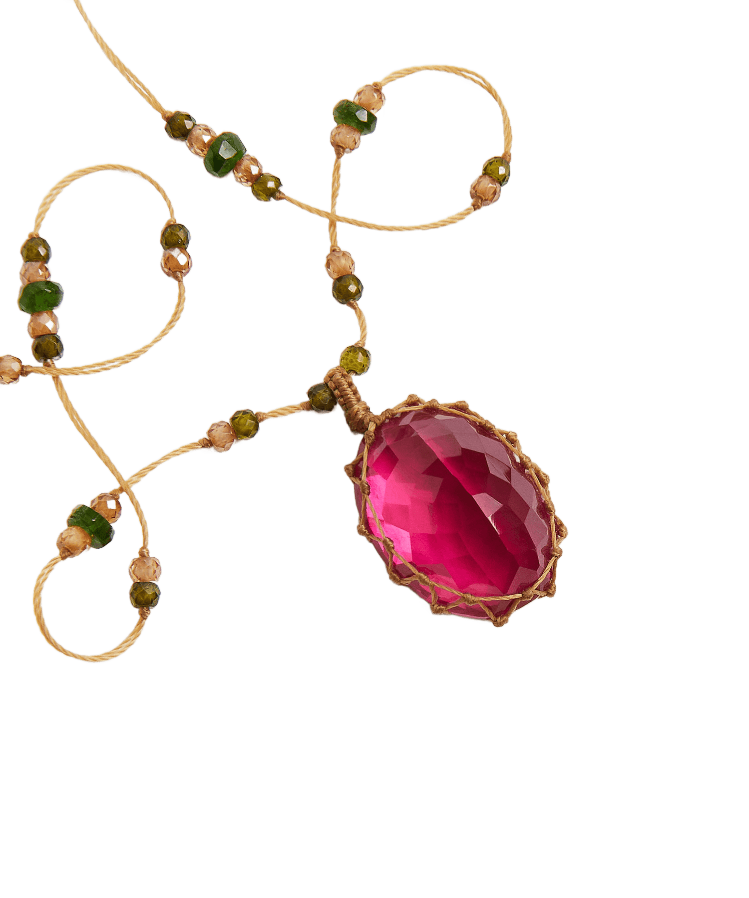 Long Tibetan Necklace - Pink Indian Glass - Tsavorite Mix - Beige Thread