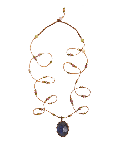 Sautoir Tibétain - Labradorite Feu Bleue - Mix Tourmaline - Fil Tabac