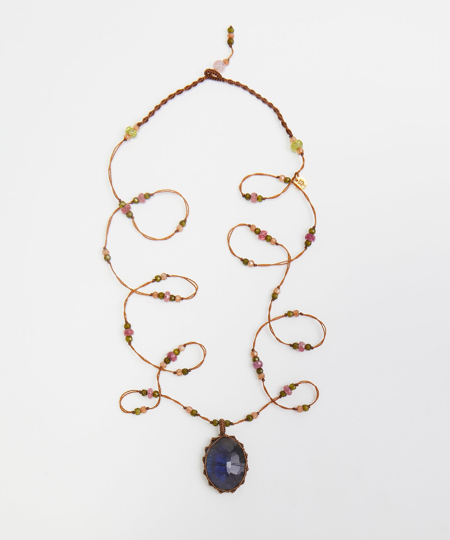 Collana Lunga Tibetana - Labradorite Fuoco Blu - Mix Multi Pietre - Filo Beige