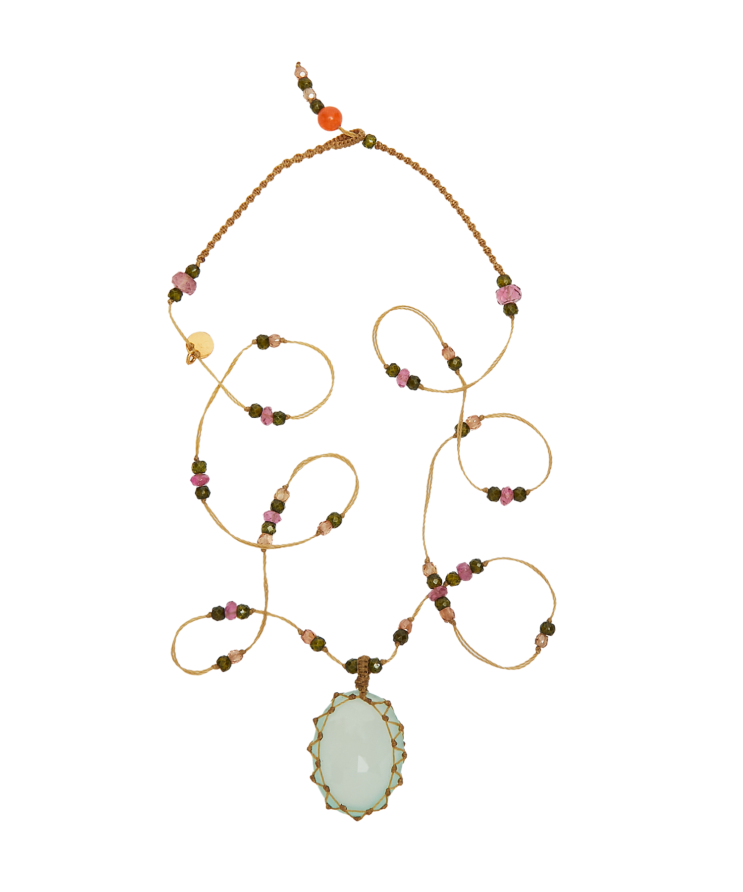 Collier Court Tibétain - Calcédoine Verte - Mix Tourmaline - Fil Beige