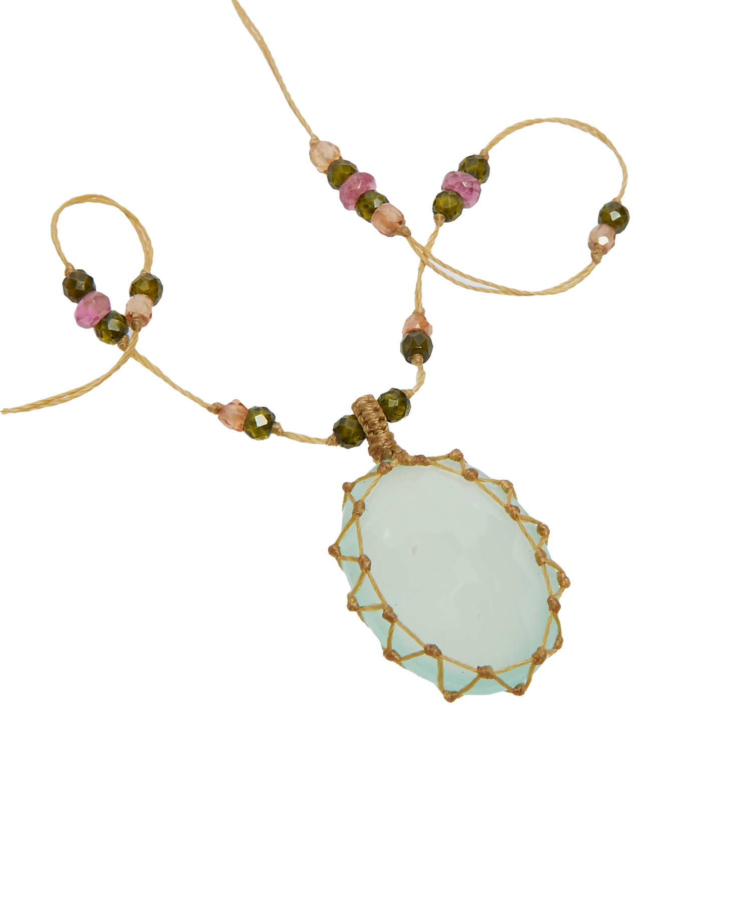 Collier Court Tibétain - Calcédoine Verte - Mix Tourmaline - Fil Beige