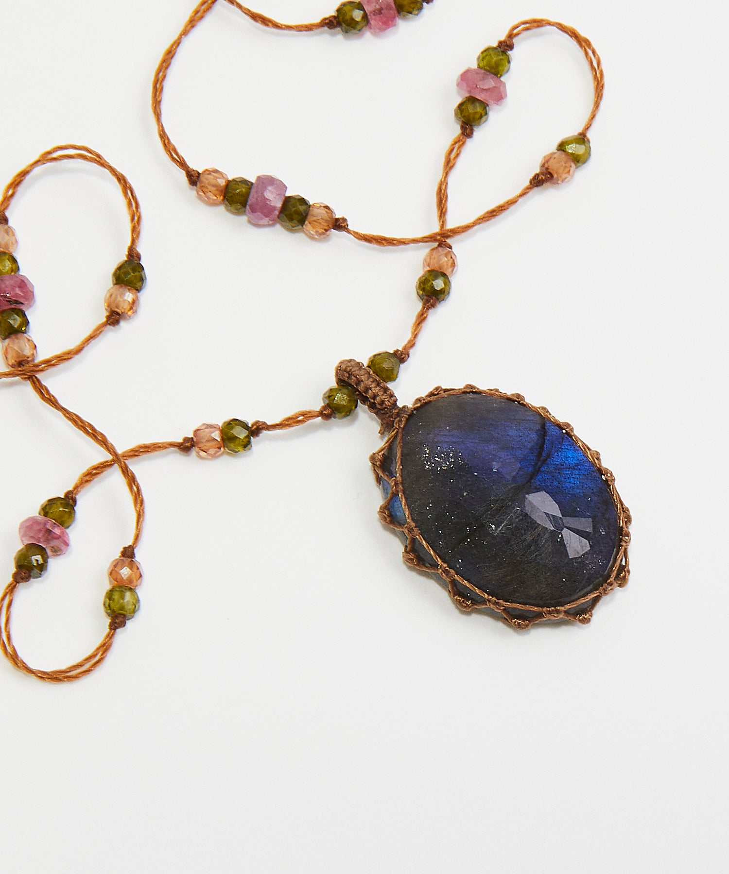 Tibetan Long Necklace - Blue Fire Labradorite - Mix Multi Stones - Beige Thread